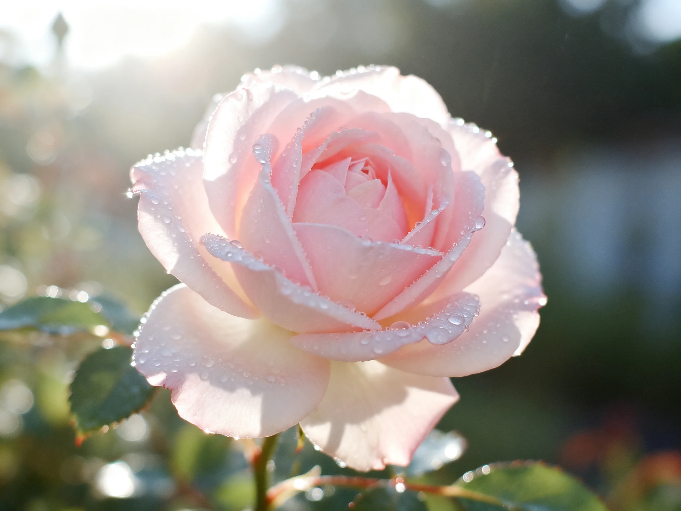 A delicate pink rose adorned with glistening water droplets