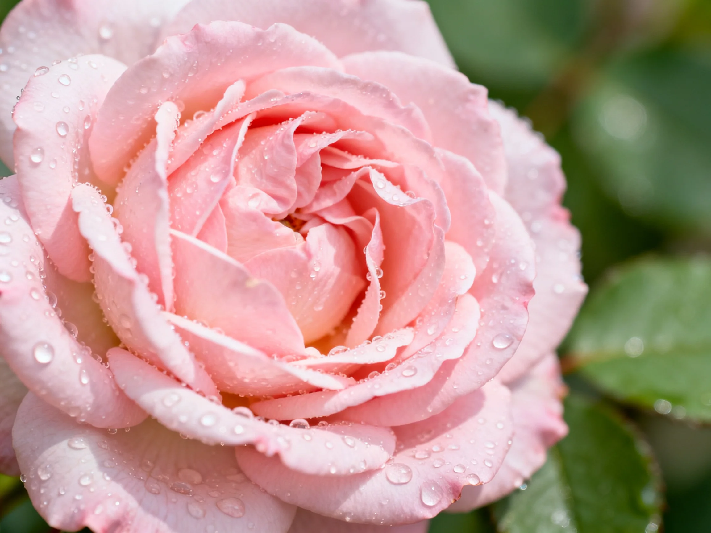 A delicate pink rose adorned with sparkling dewdrops