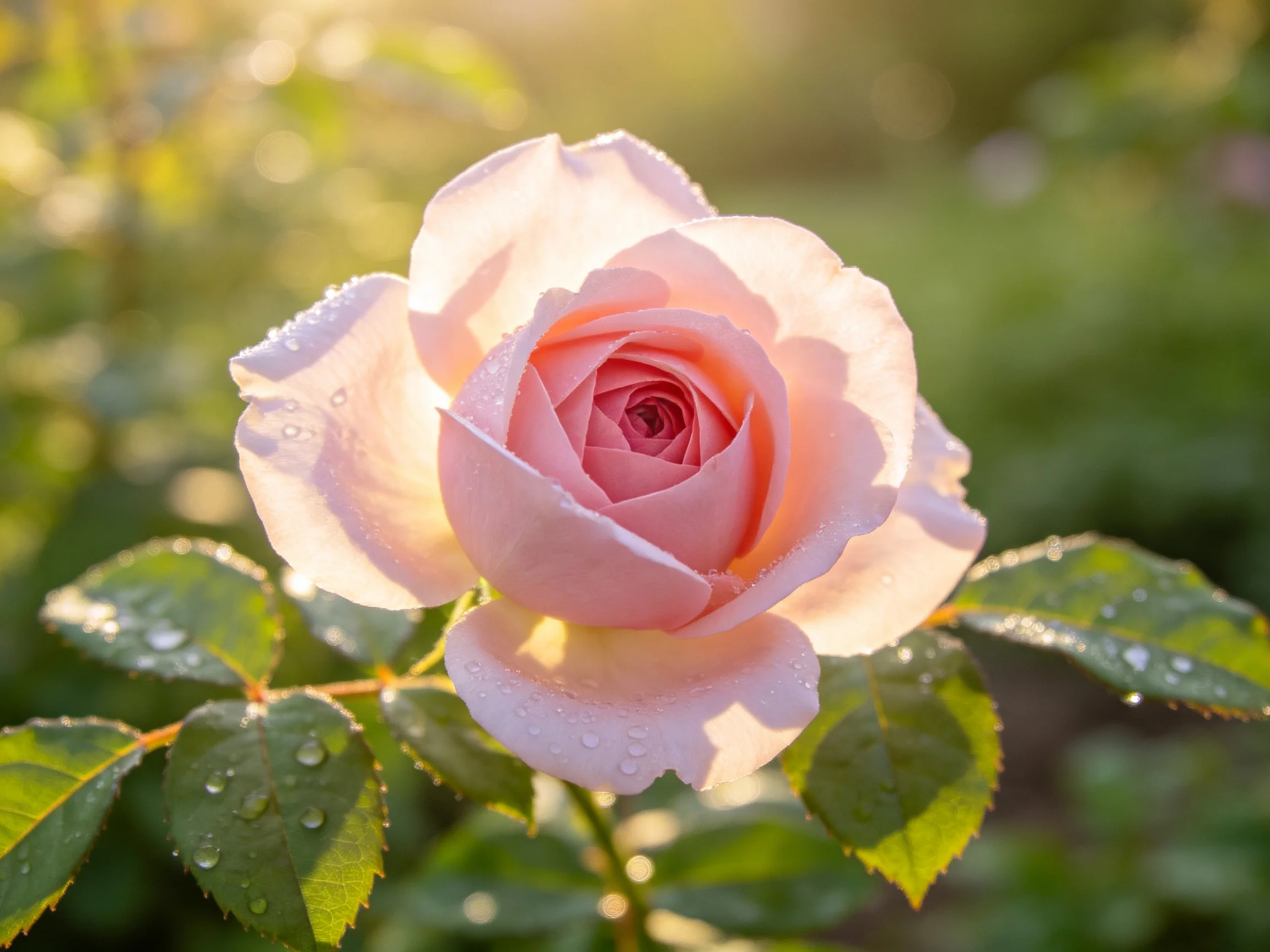 A delicate pink rose blooming amidst dewy green foliage in soft morning light