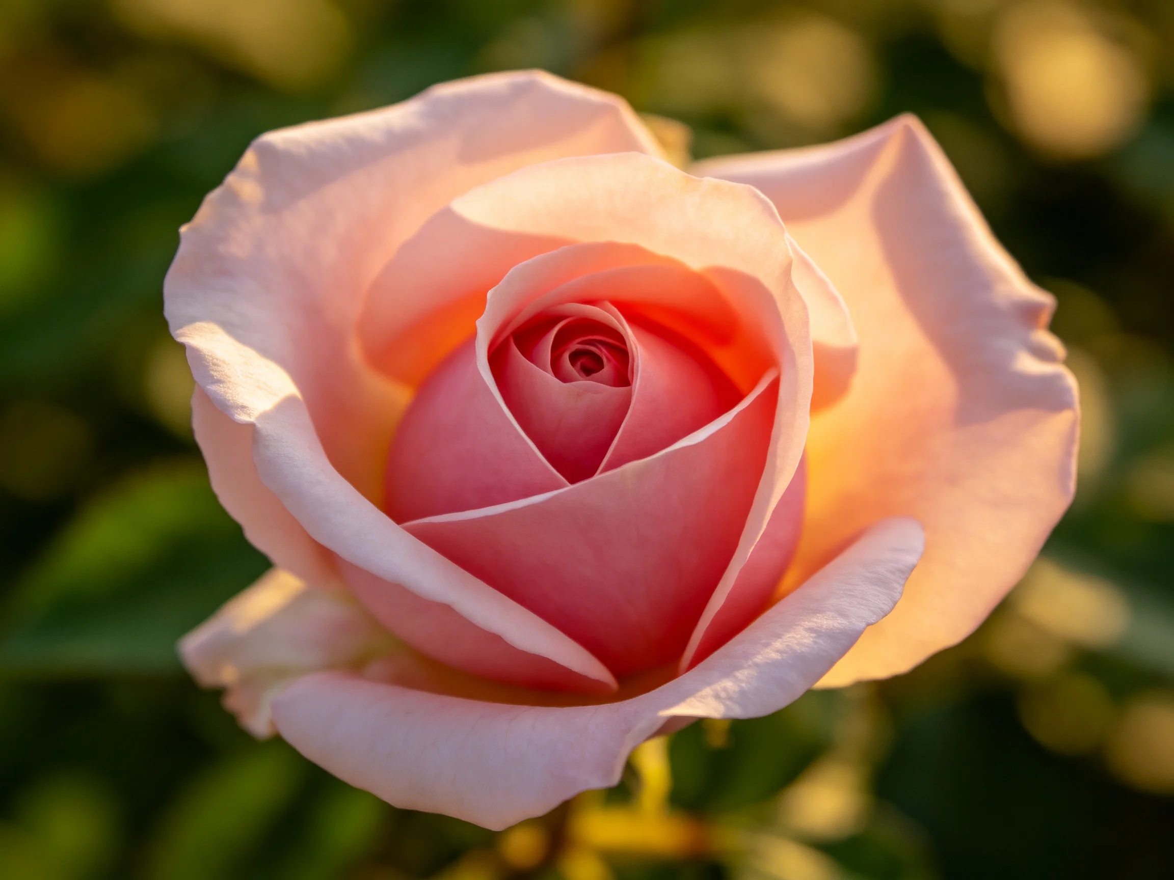 A delicate pink rose blooming with layered petals under golden sunlight