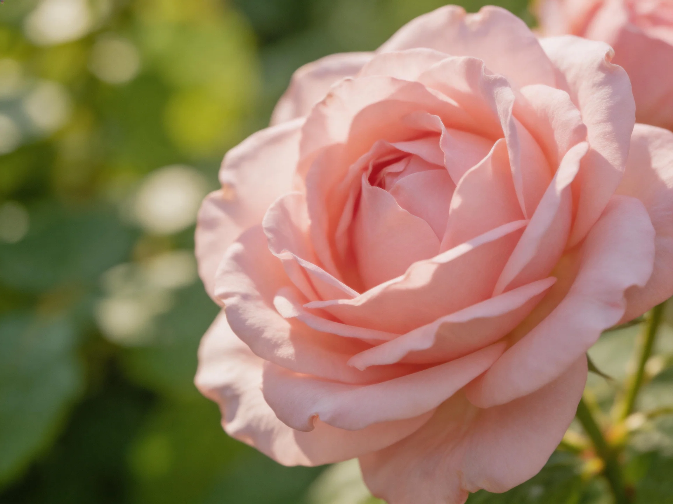 A delicate pink rose blooms amid soft green foliage