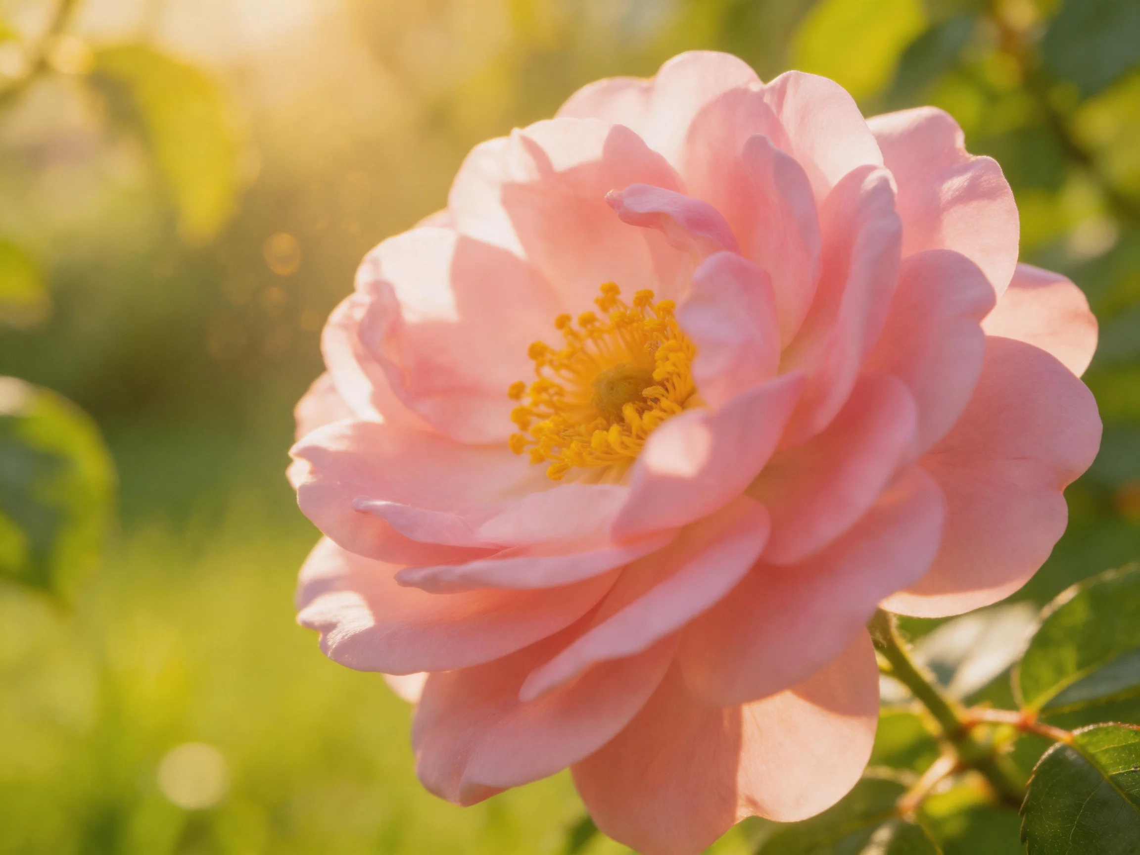 A delicate pink rose blooms in soft golden sunlight