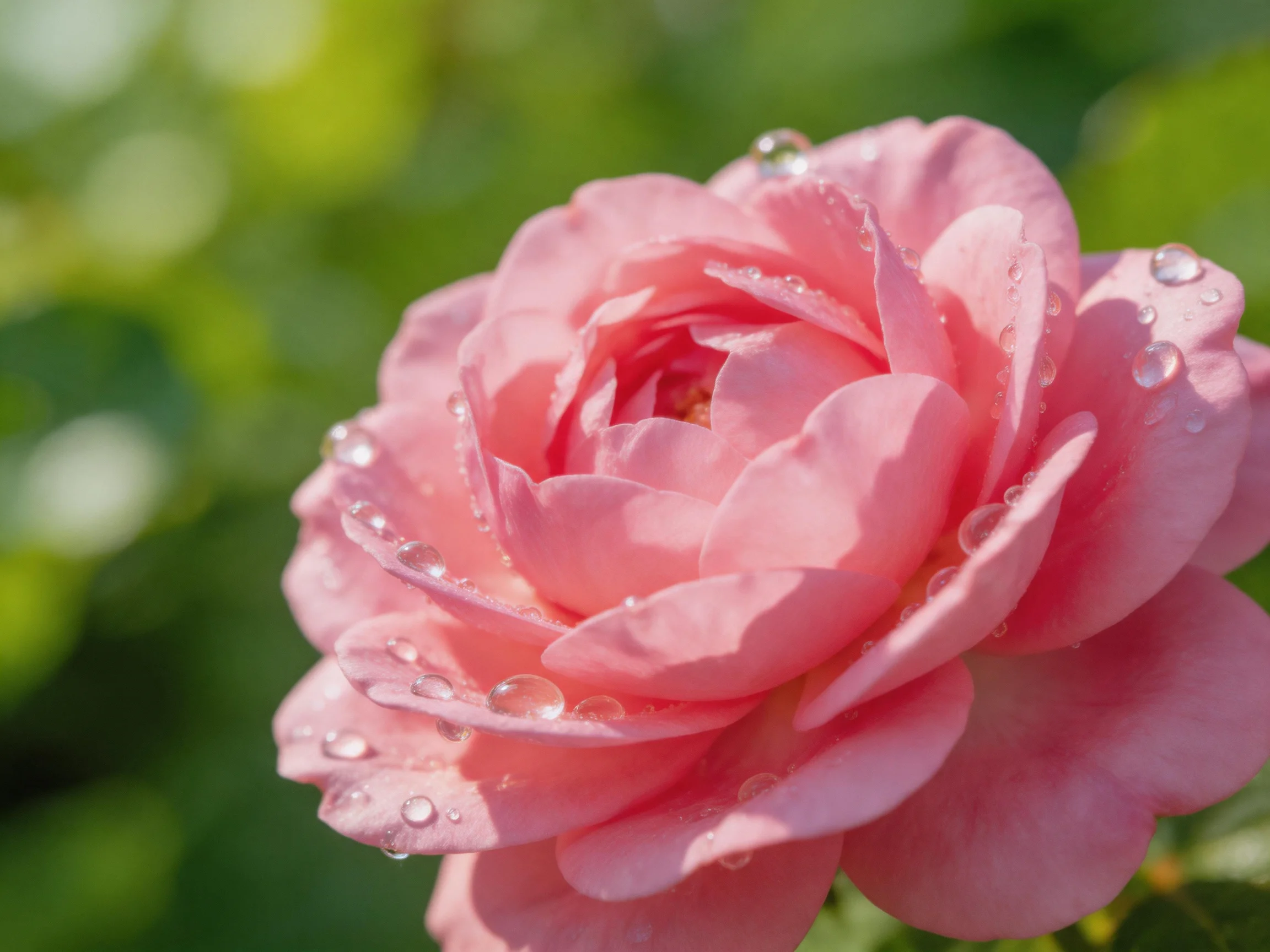 A delicate pink rose covered with glistening dewdrops against a soft green blurred background