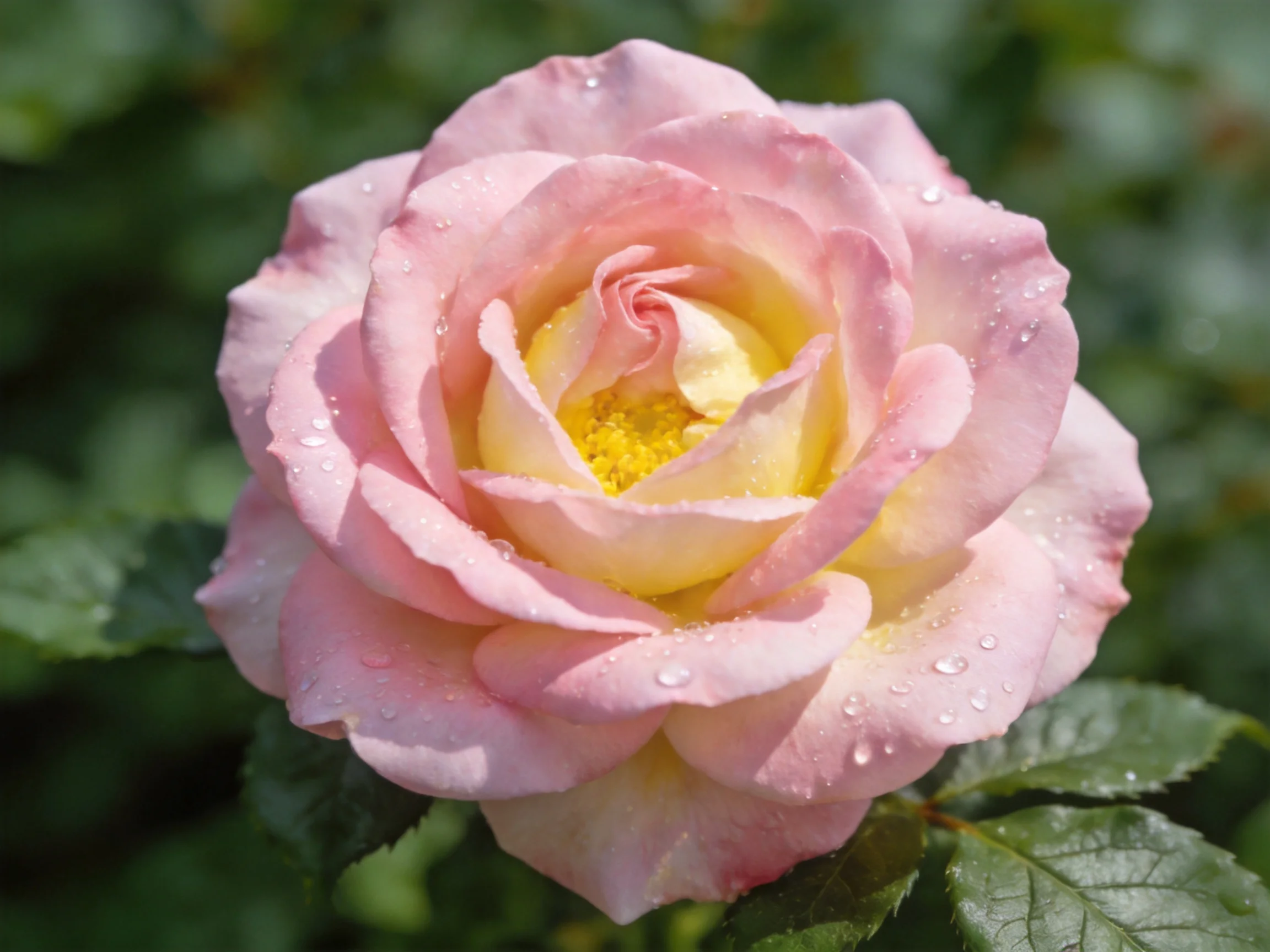 A delicate pink rose with dewdrops and yellow center