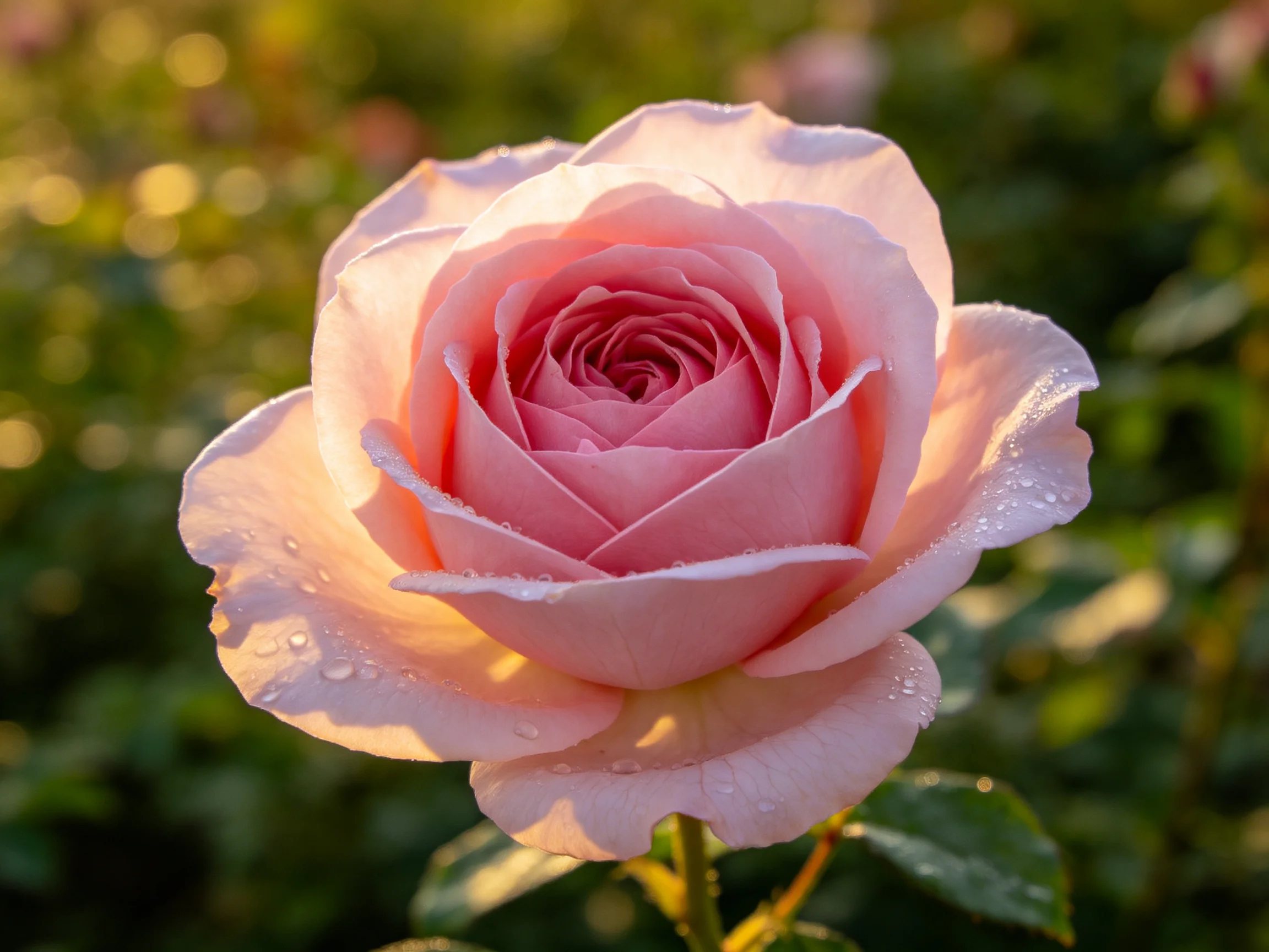 A delicate pink rose with dewdrops bathed in golden light