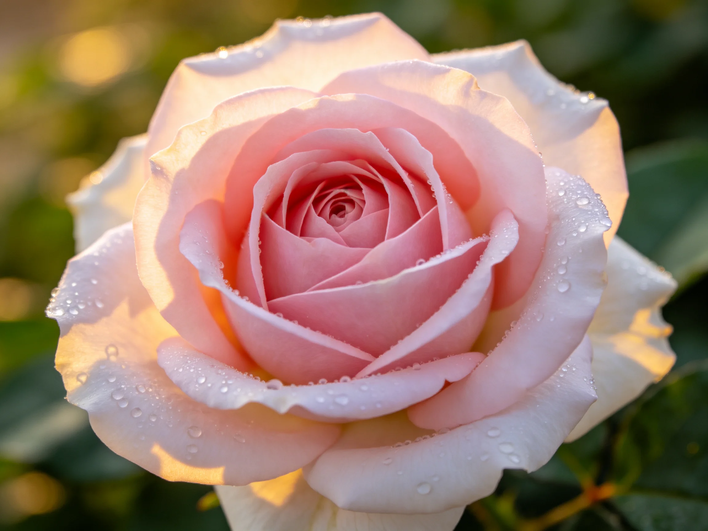 A delicate pink rose with dewdrops, soft golden lighting, layered petals