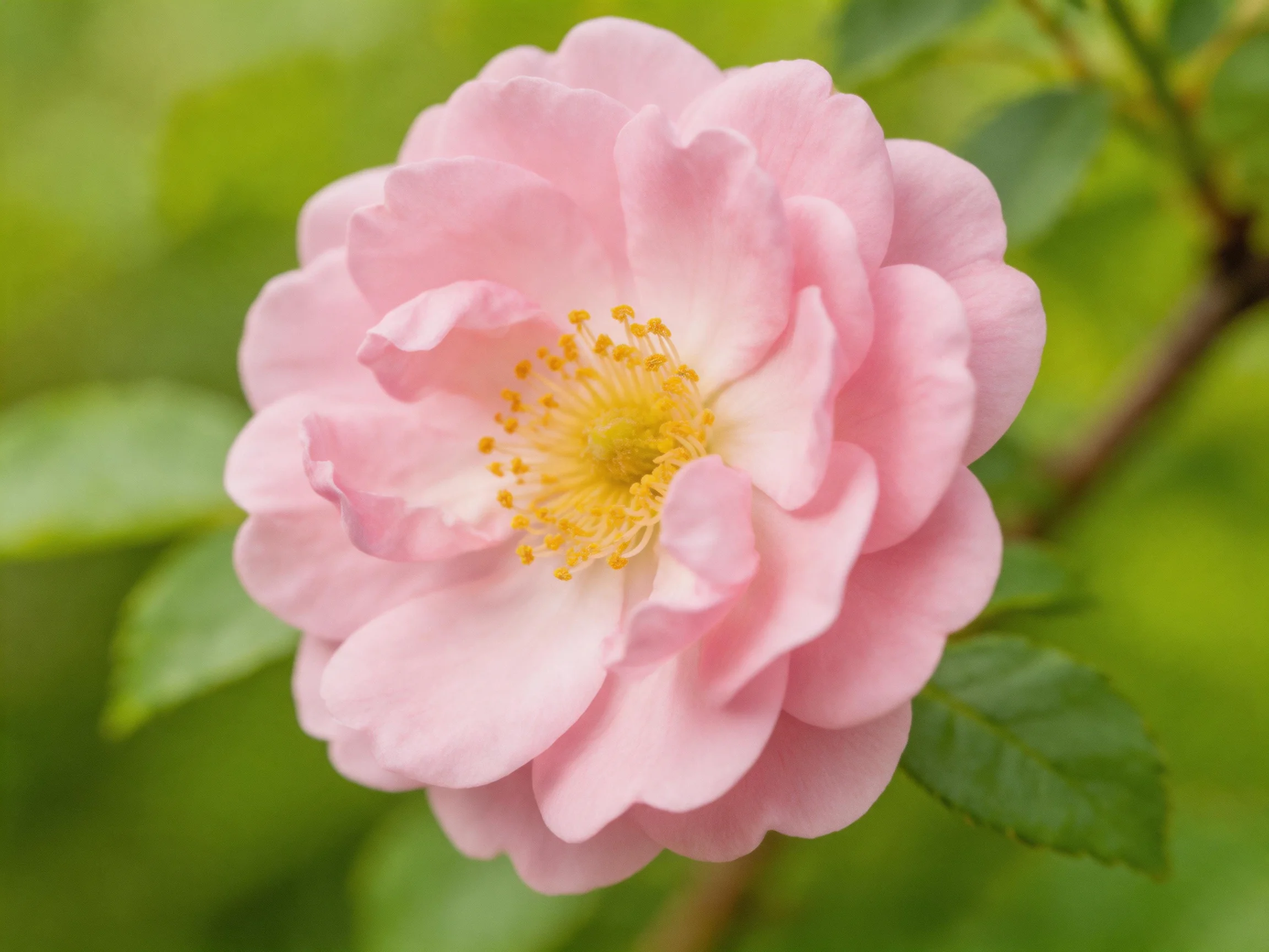 A delicate pink rose with layered petals and golden center