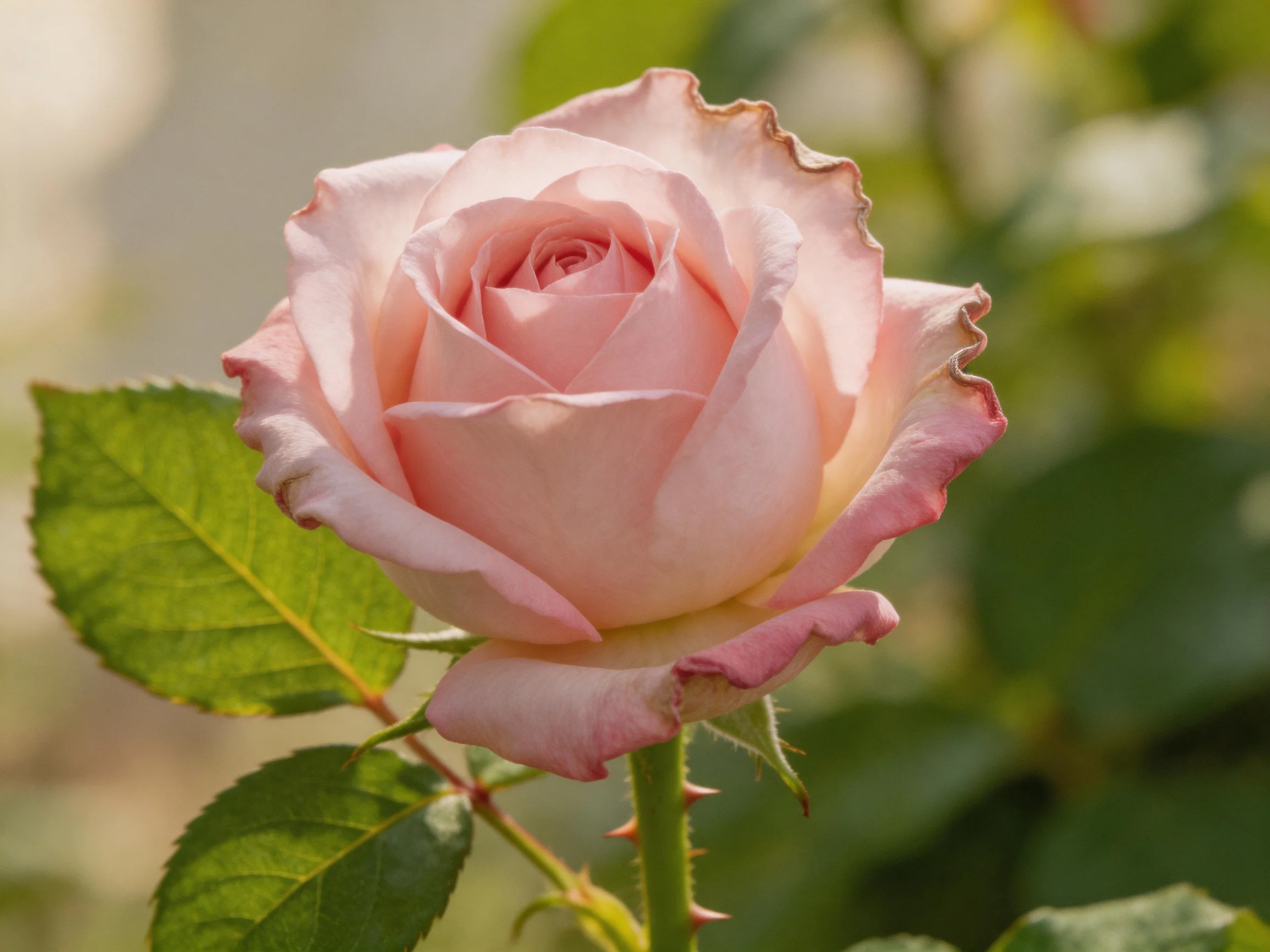 A delicate pink rose with ruffled petals and vibrant green leaves