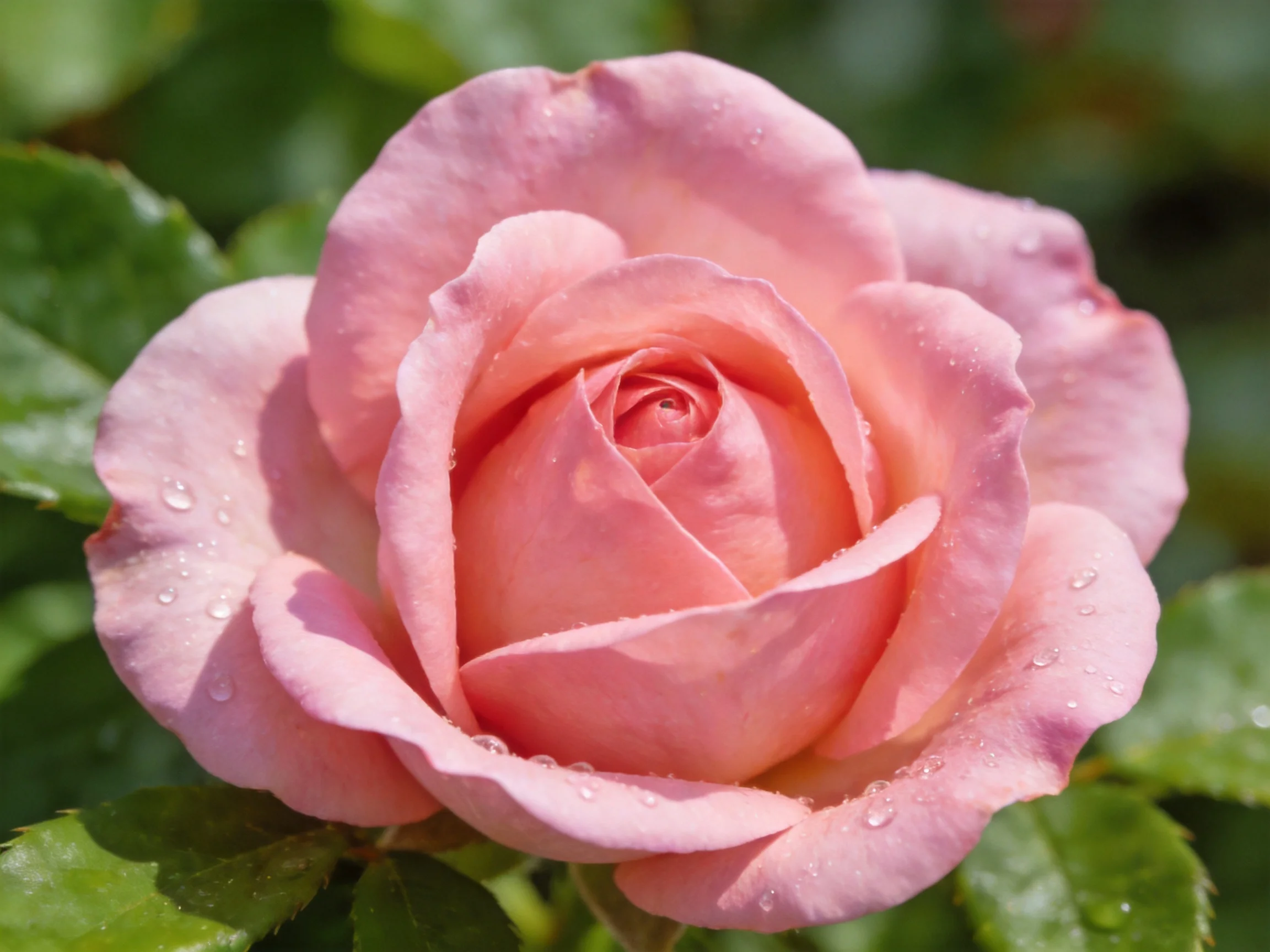 A delicate pink rose with water droplets and green leaves