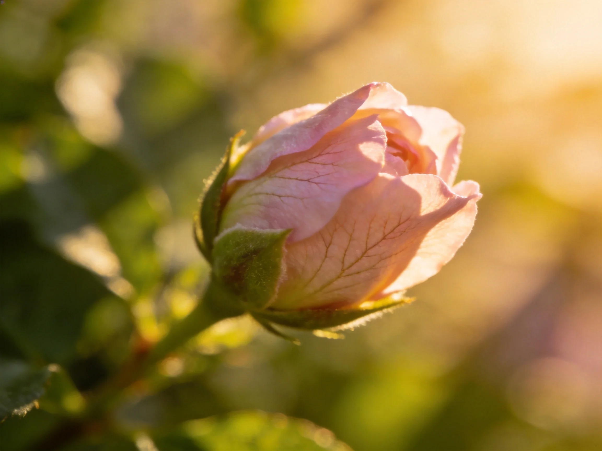 A delicate pink rosebud bathed in warm golden sunlight