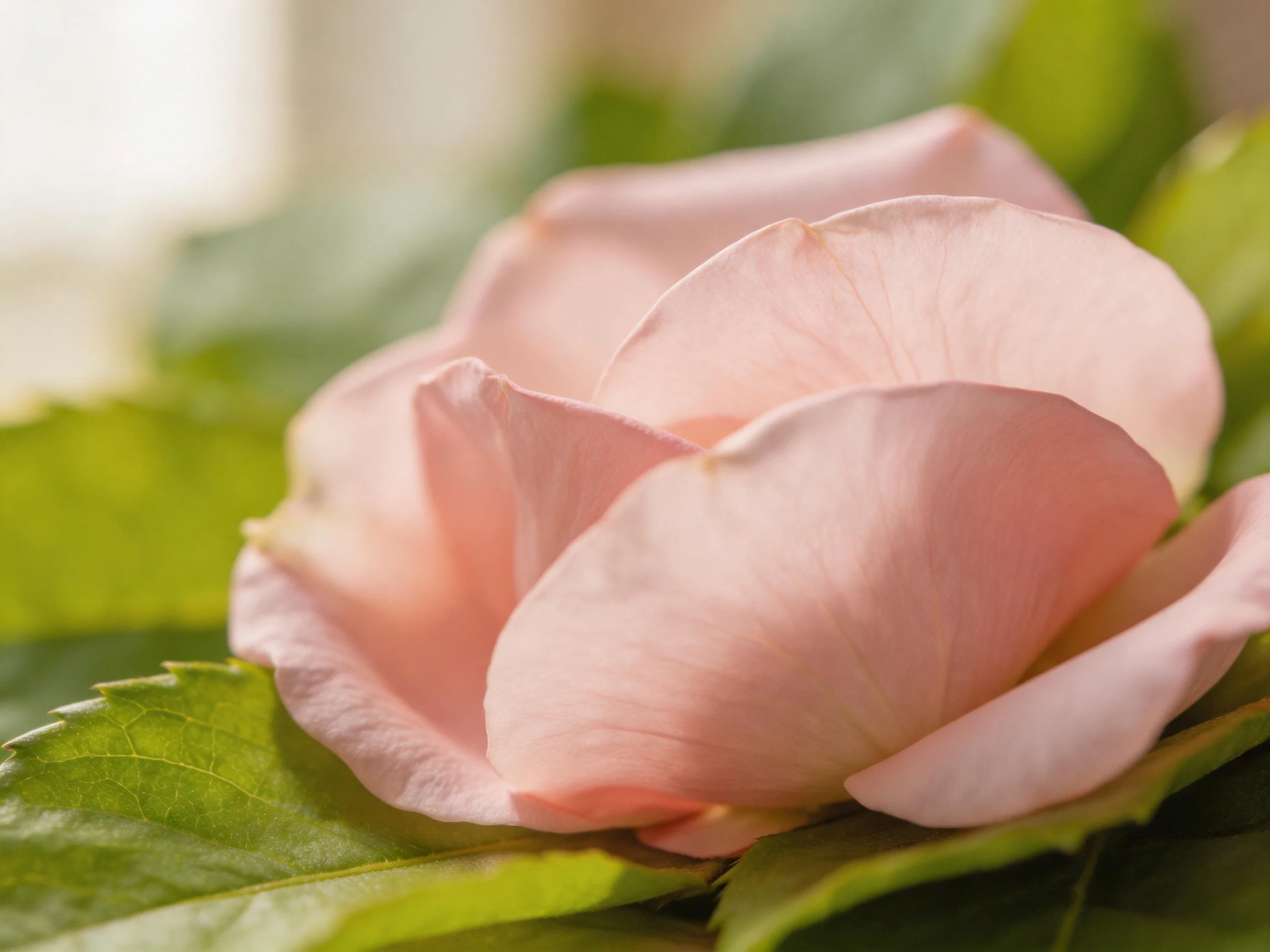 A delicate pink rosebud nestled among vibrant green leaves