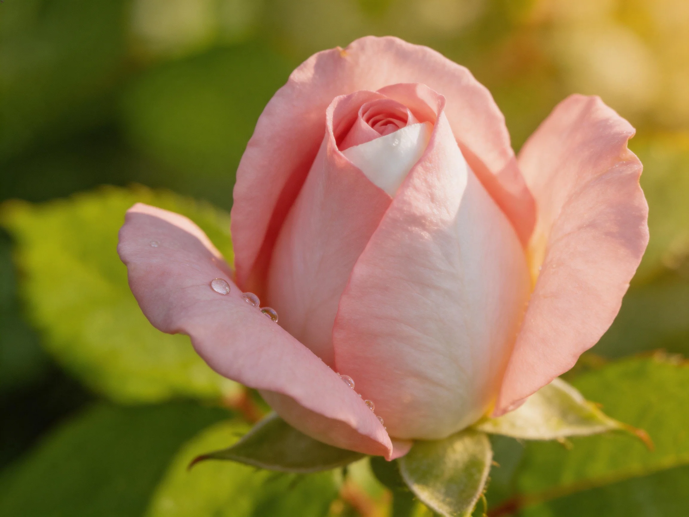 A delicate pink rosebud with dew drops,