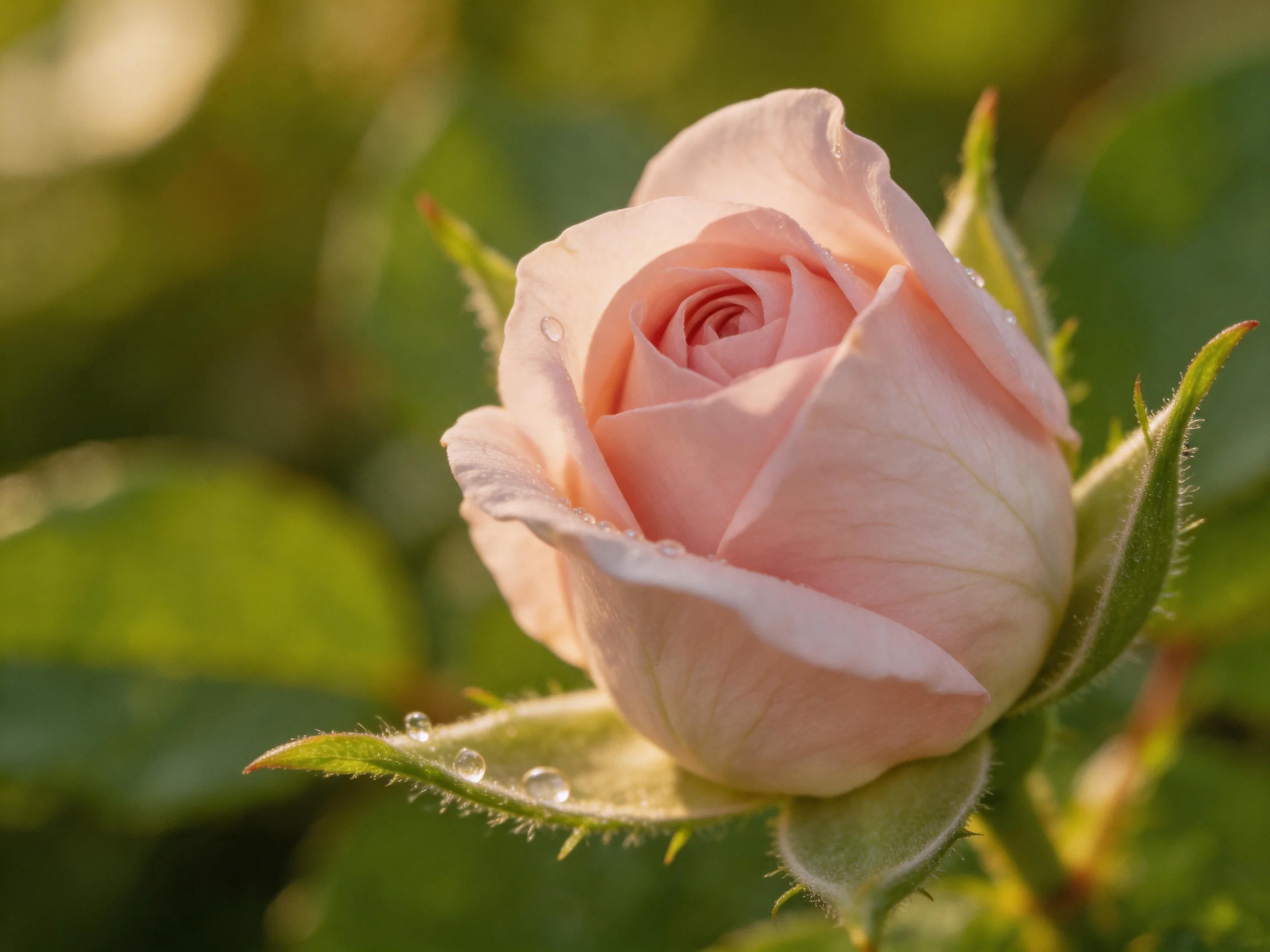 A delicate pink rosebud with dew drops amidst lush green foliage