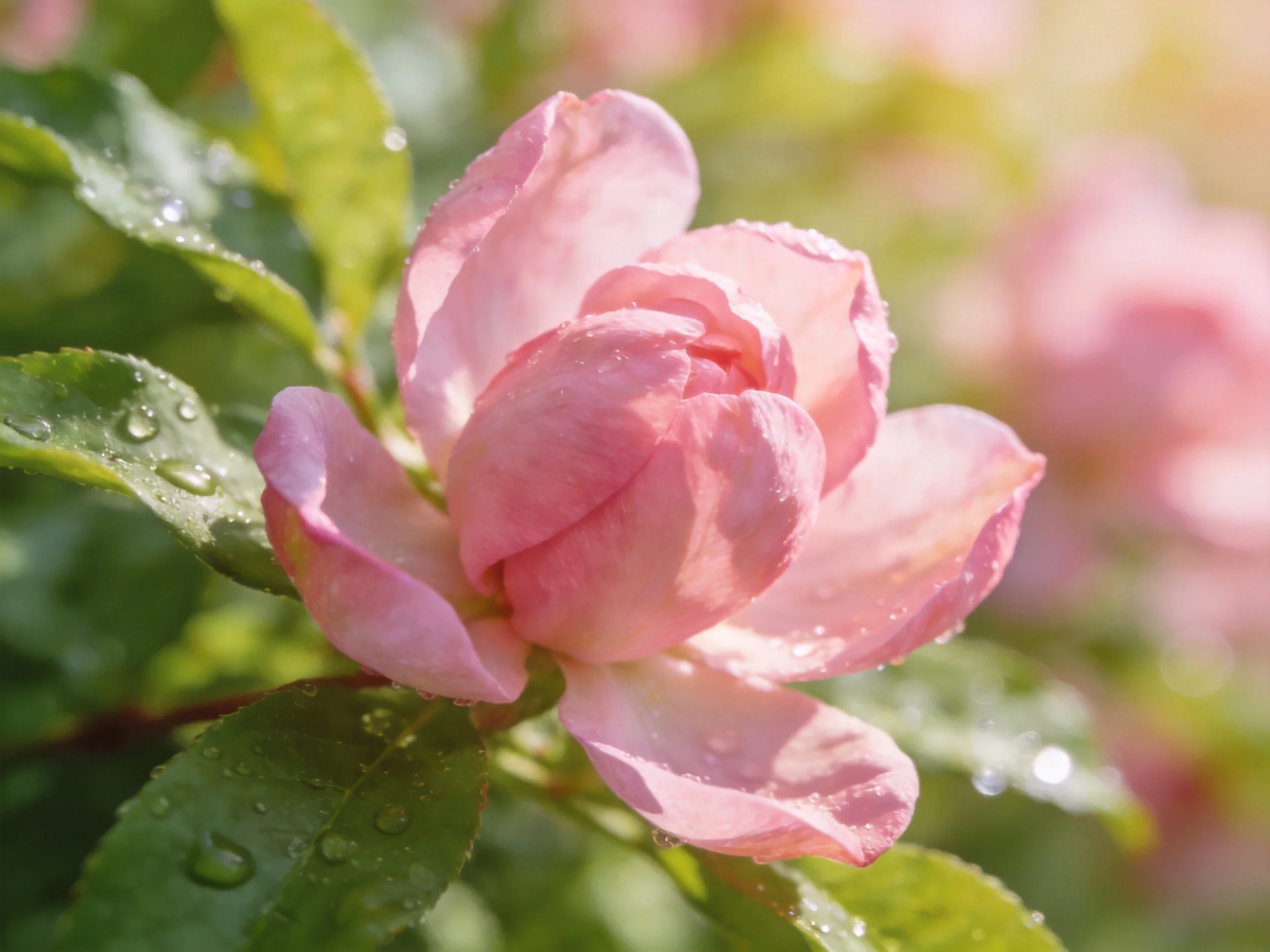 A delicate pink rosebud with dewdrops amid lush green leaves