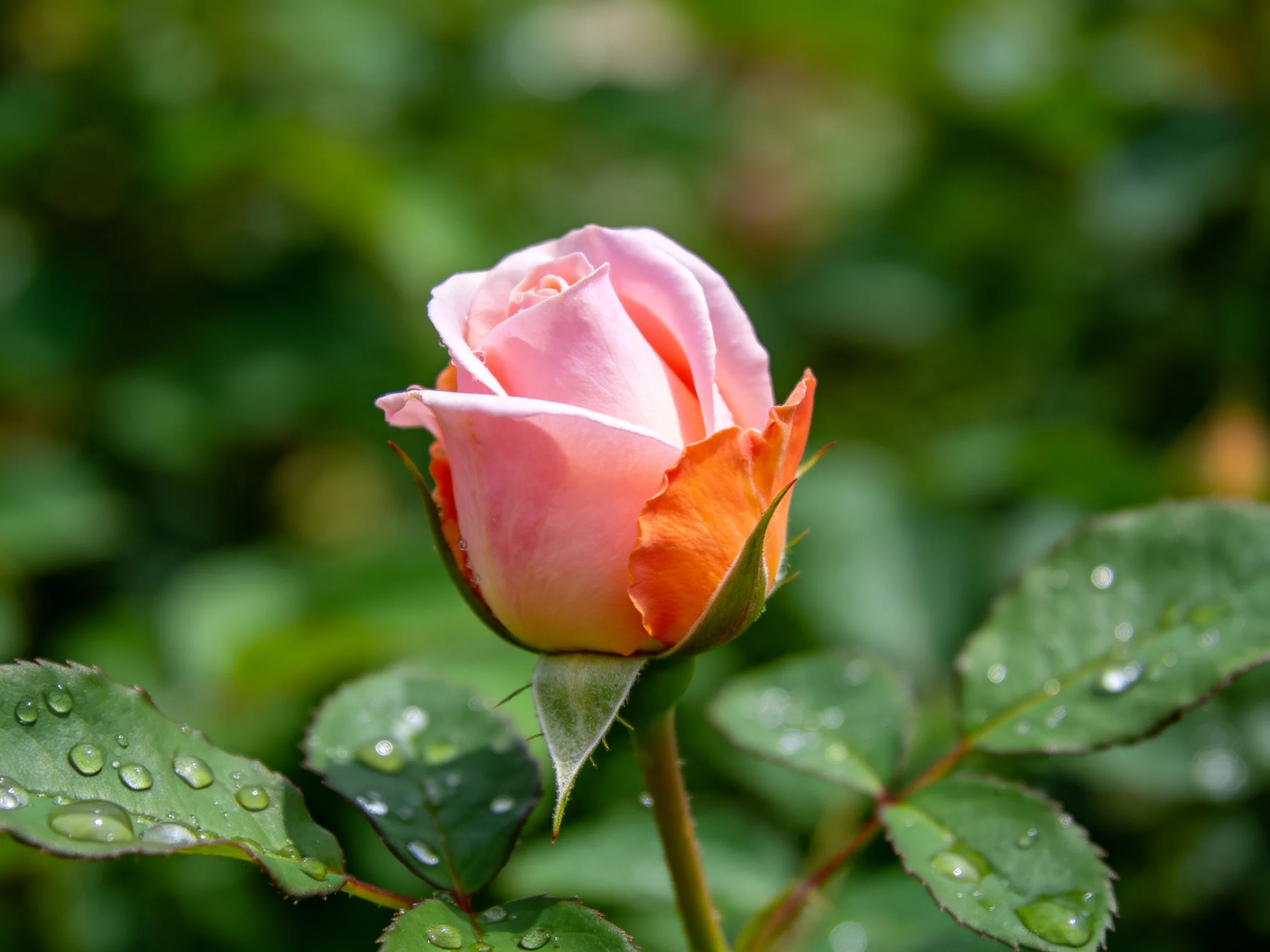 A delicate pink rosebud with dewy green leaves in soft natural light