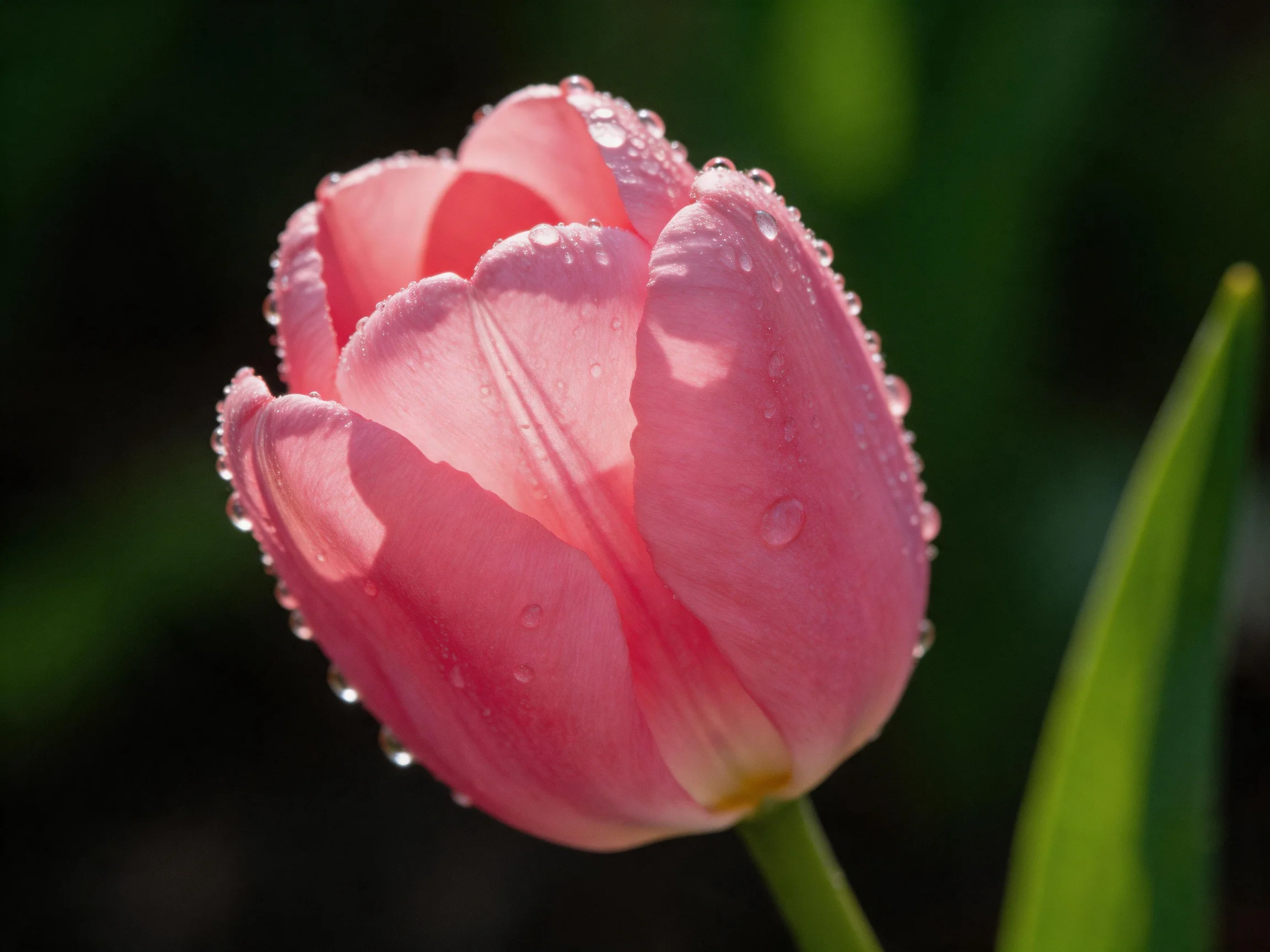 A delicate pink tulip adorned with glistening dewdrops