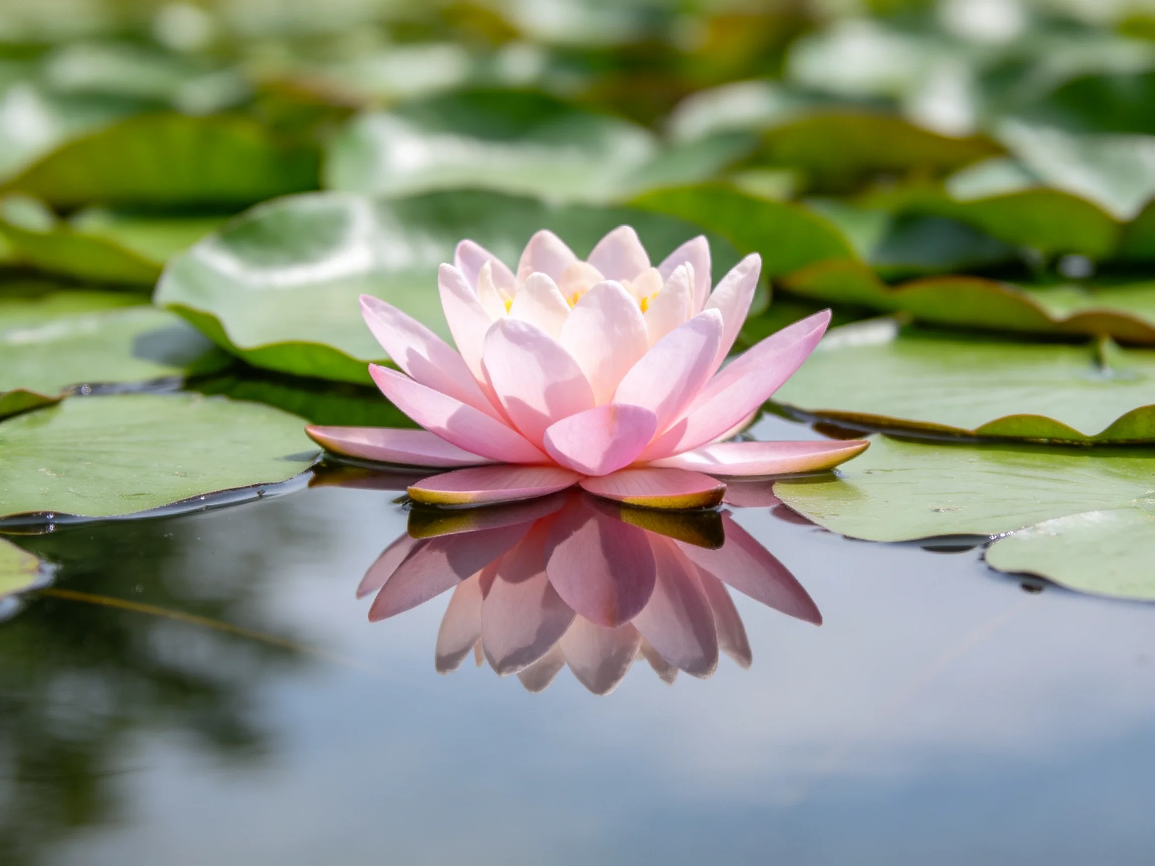 A delicate pink water lily blooms among broad green lily pads on calm water