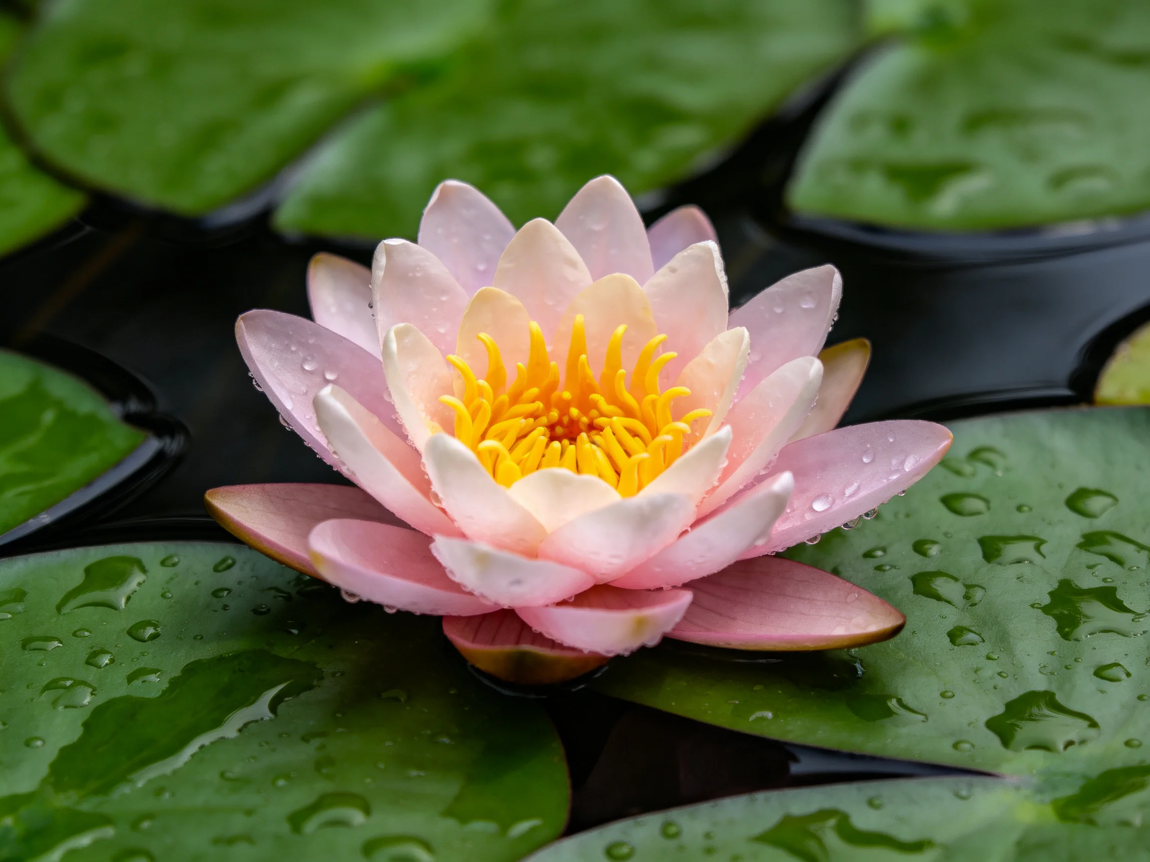 A delicate pink water lily blooms among glossy green lily pads