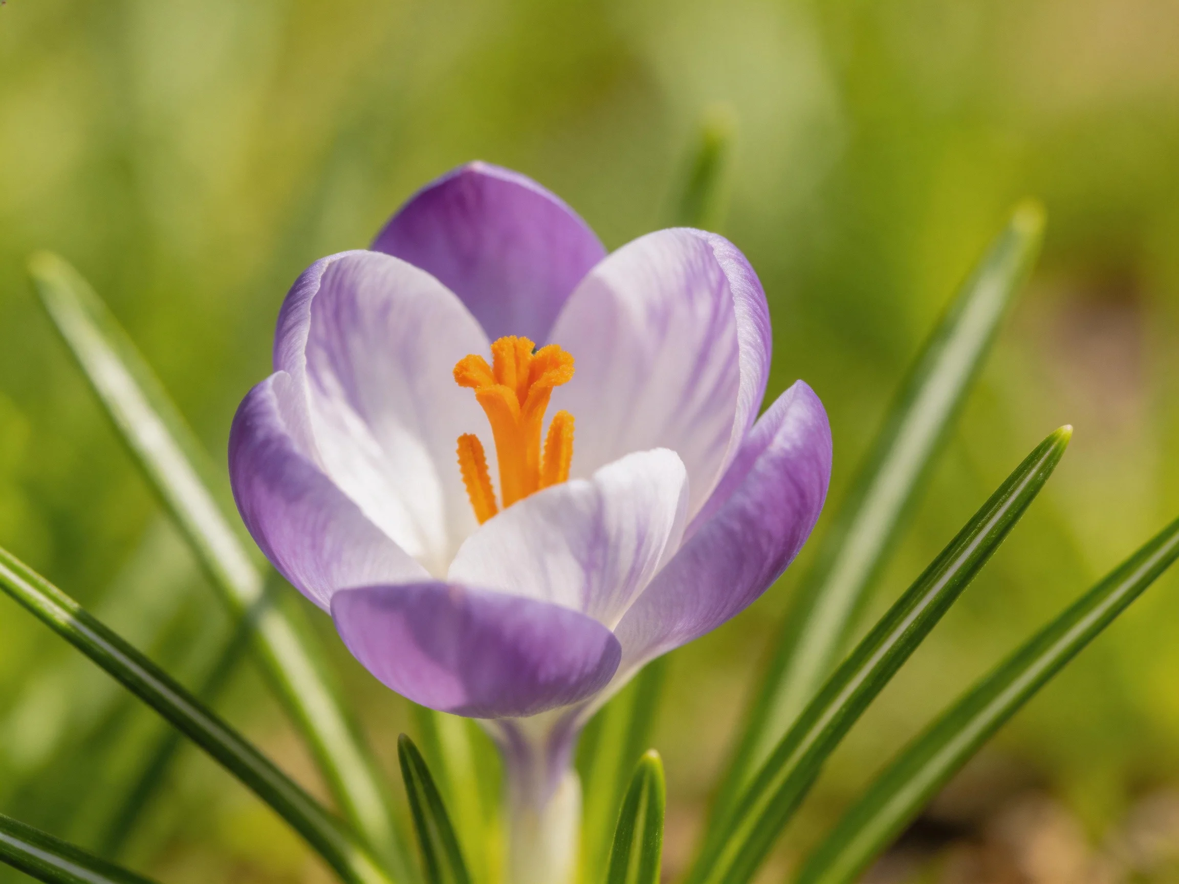 A delicate purple and white crocus blooms among slender green stems