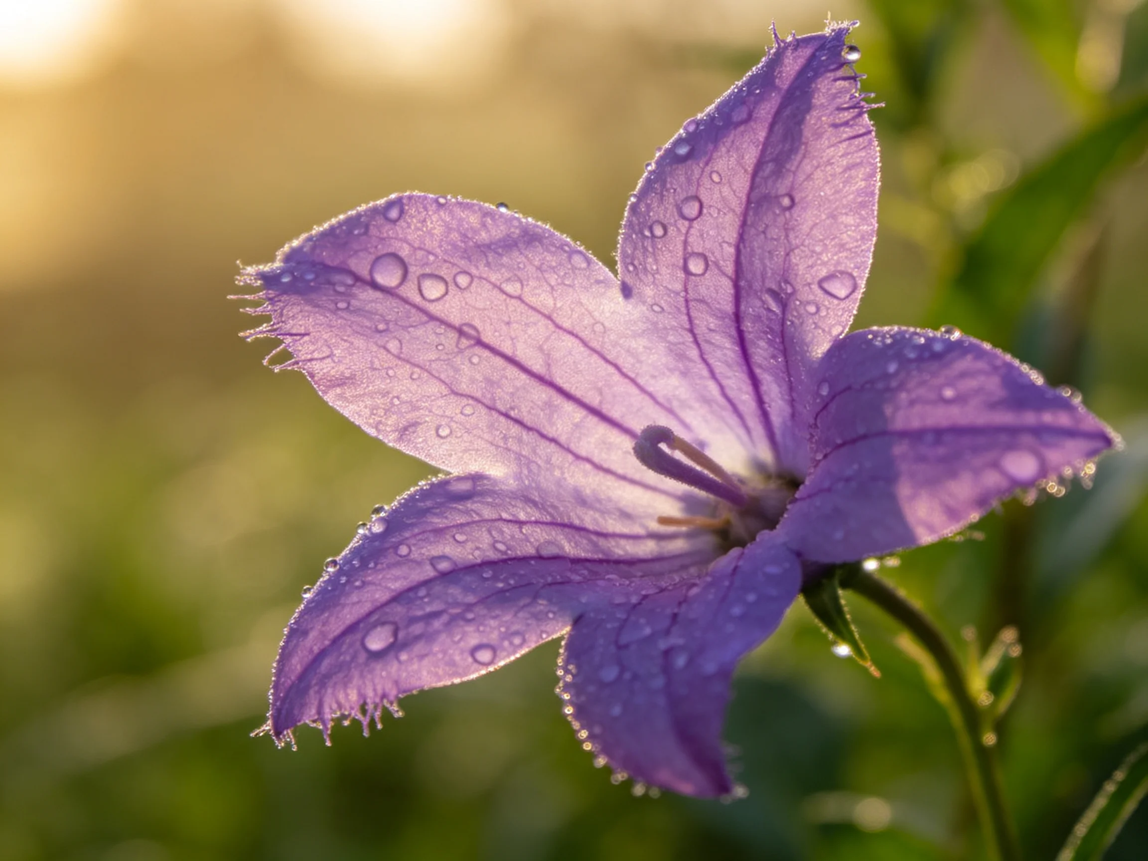 A delicate purple bellflower covered in glistening dewdrops