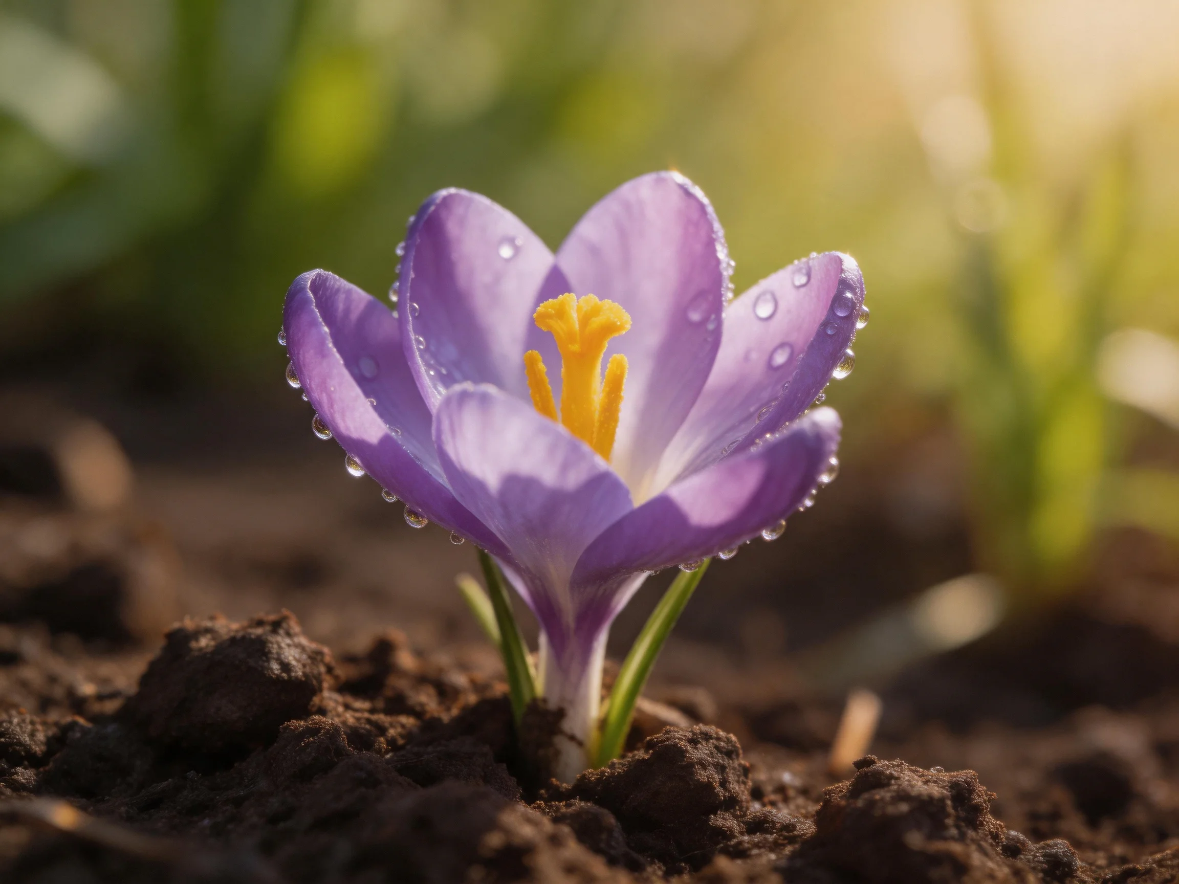 A delicate purple crocus adorned with dew drops emerges from dark soil