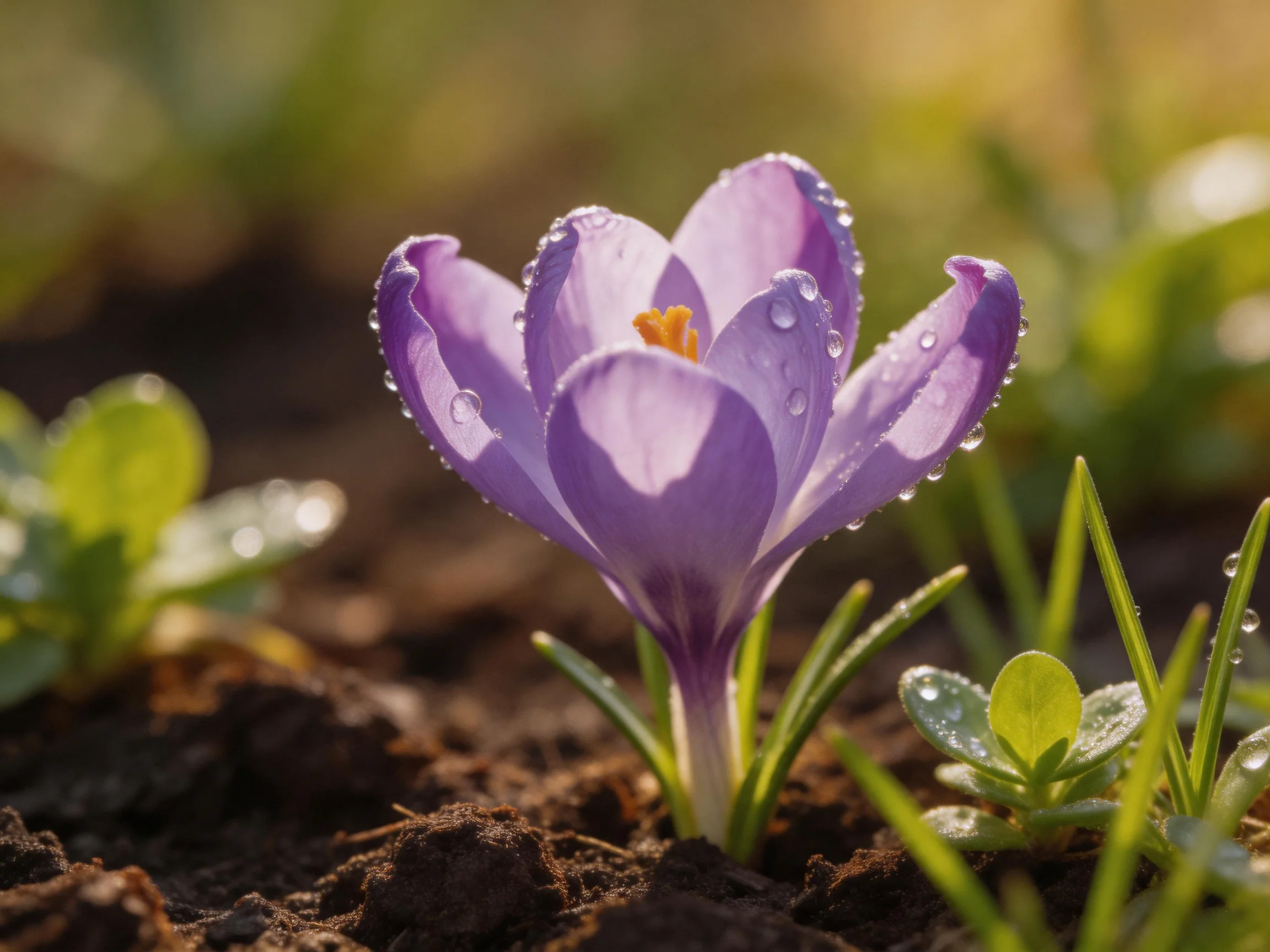 A delicate purple crocus blooms with dewdrops in earthy soil