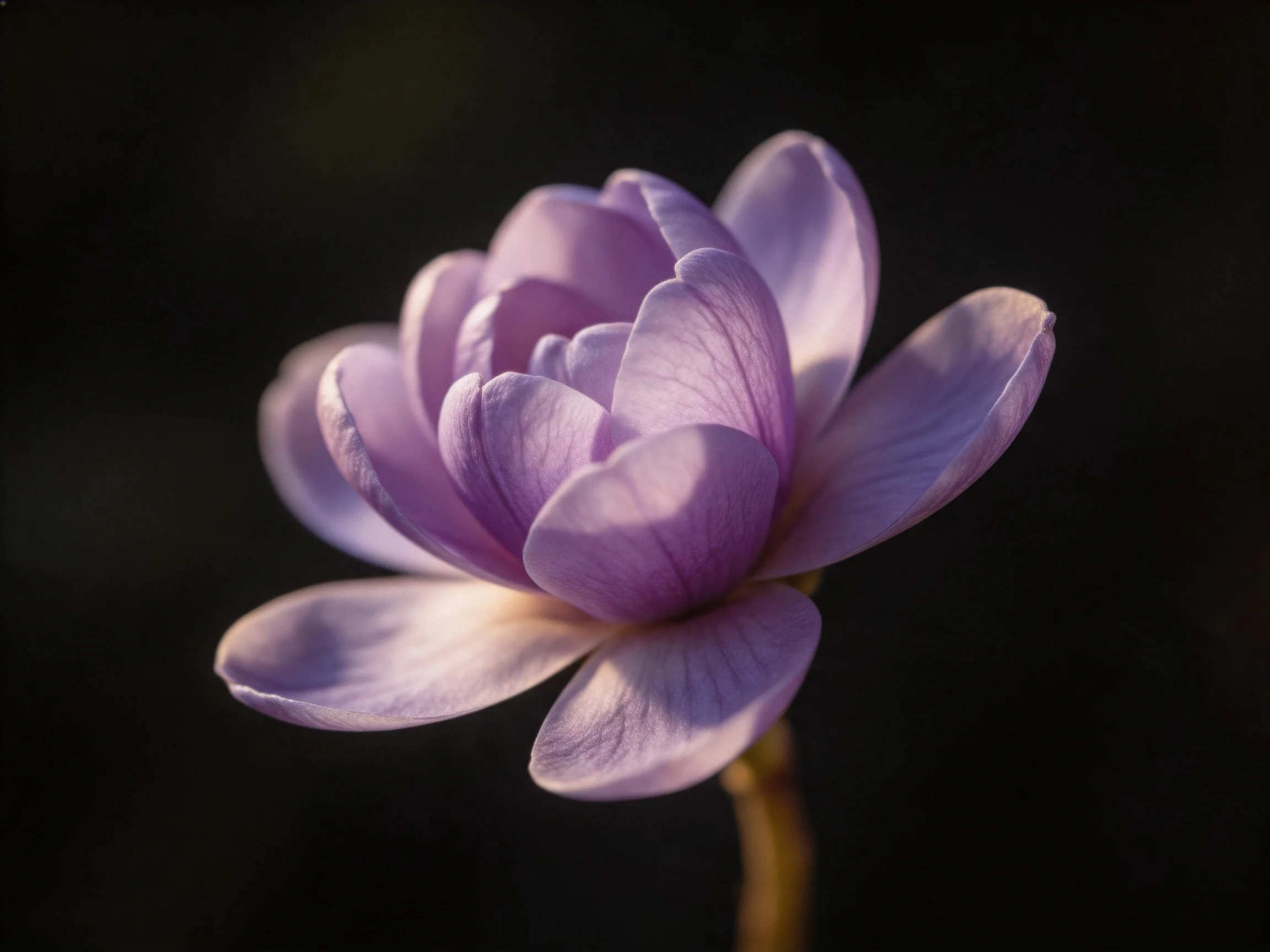 A delicate purple flower with layered petals stands against a dark backdrop