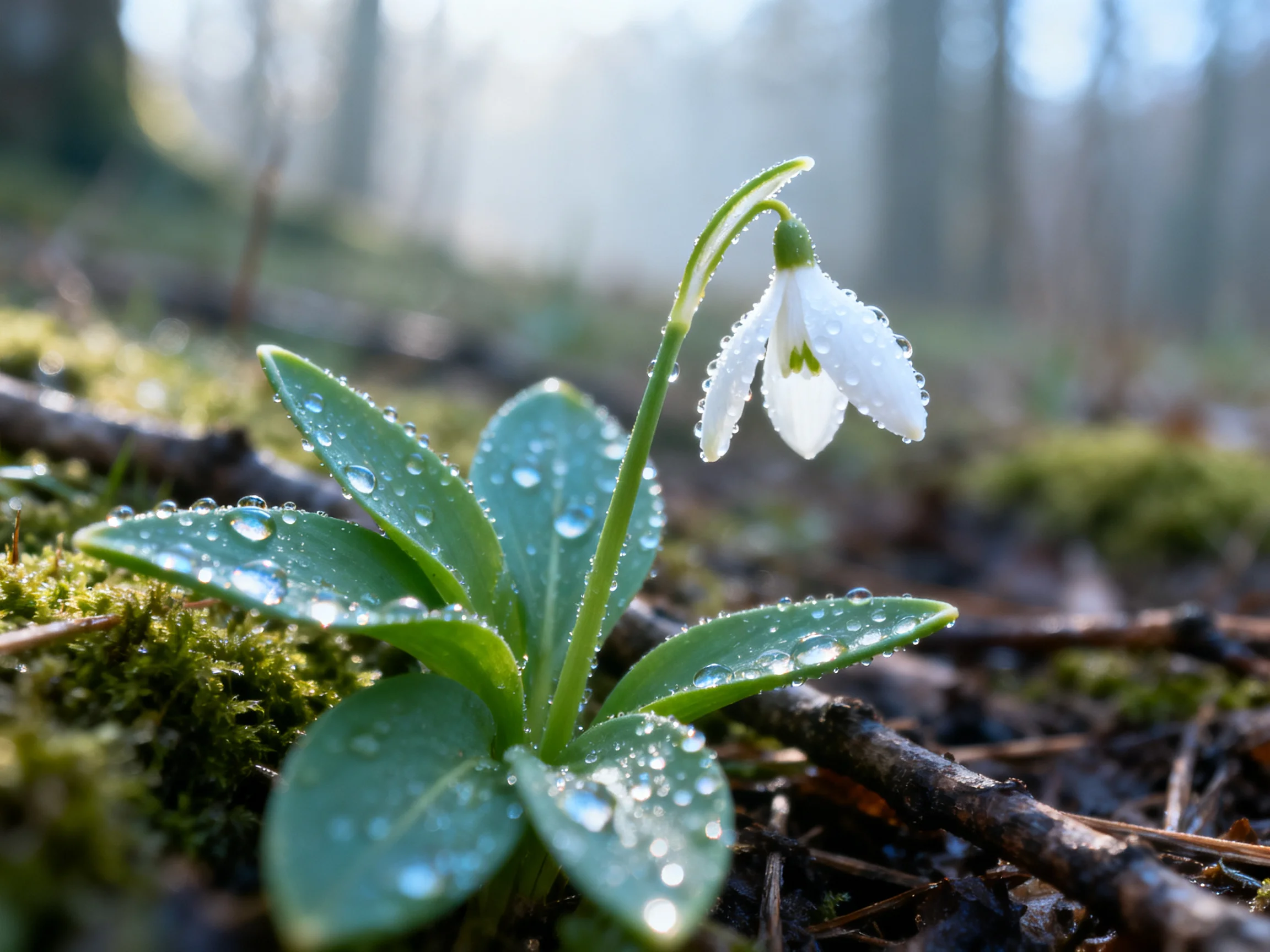 A delicate snowdrop flower with dew drops on mossy forest floor