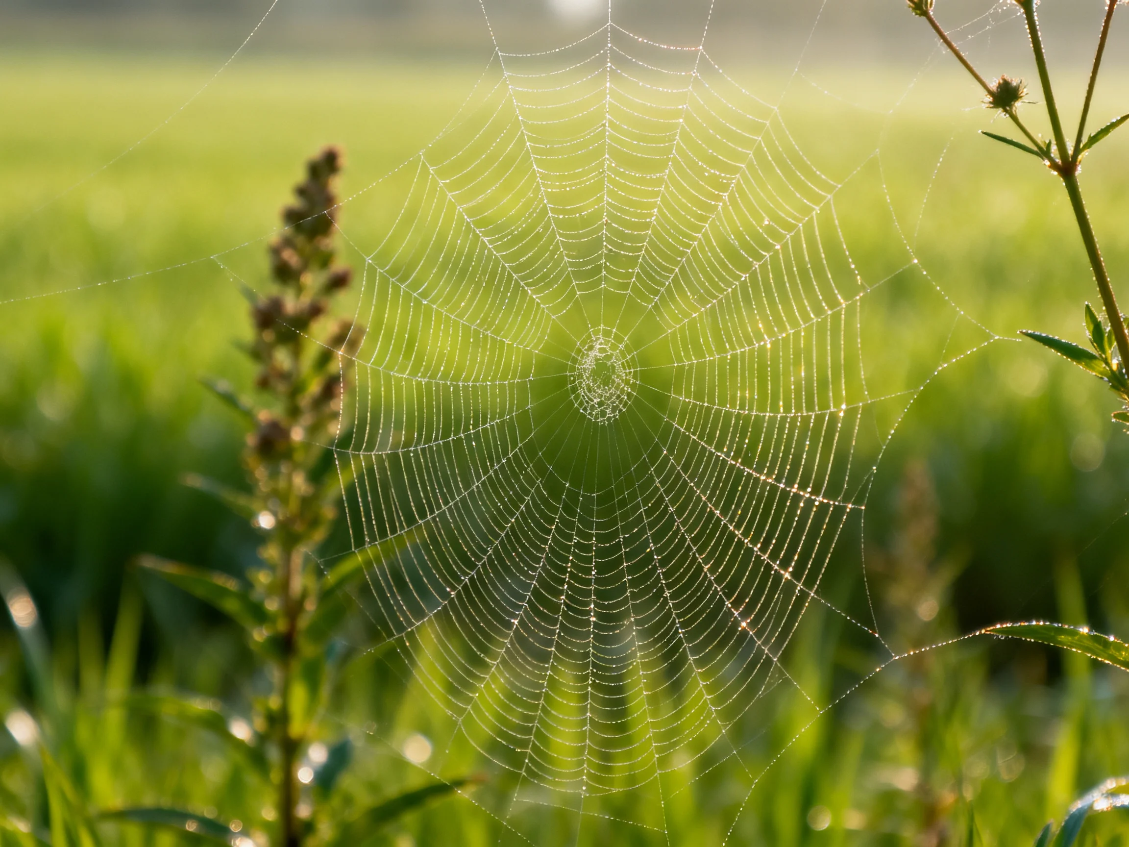 A delicate spider web glistens with dew droplets in a lush green meadow