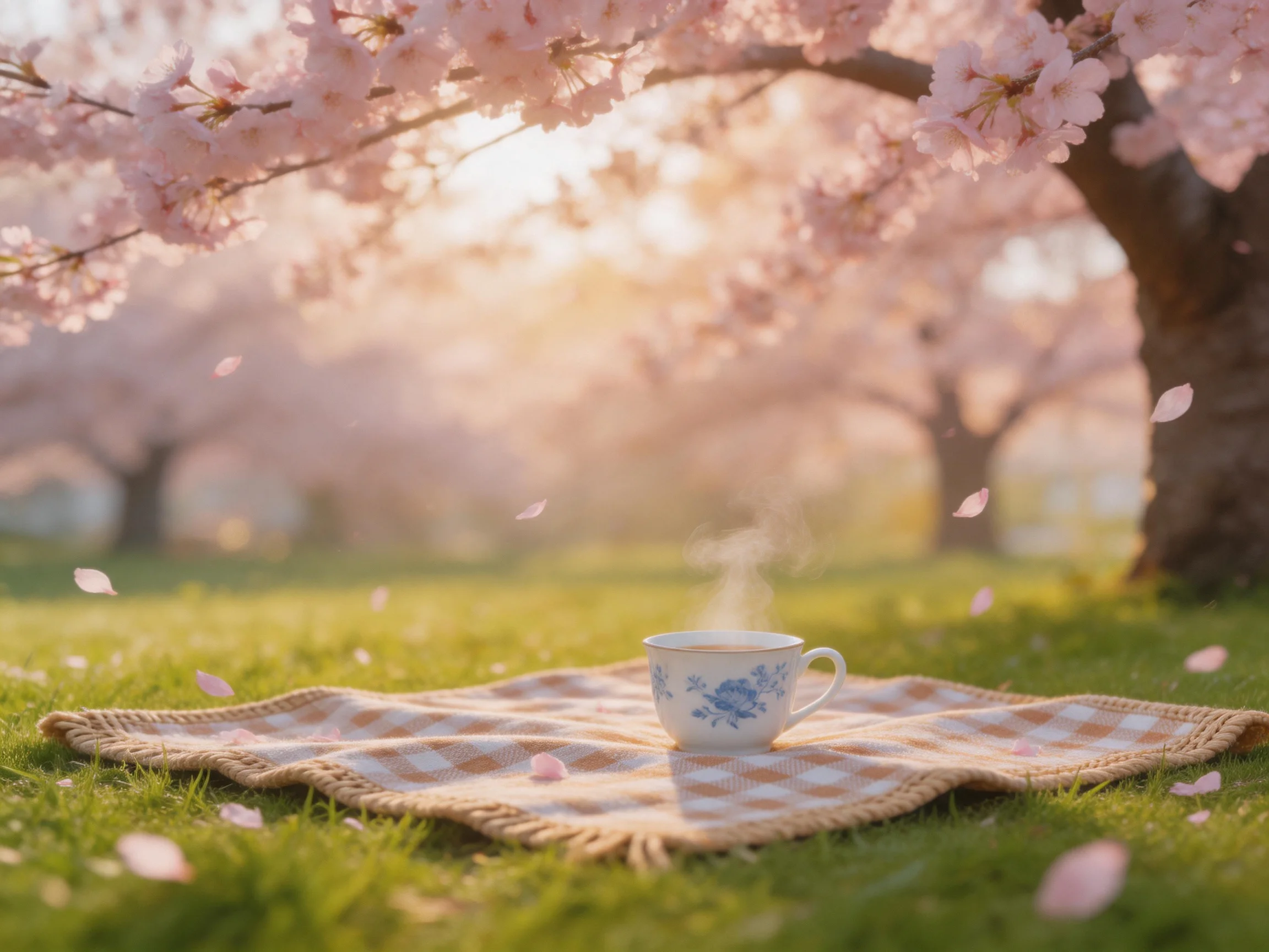 A delicate teacup on a checkered blanket beneath cherry blossom trees