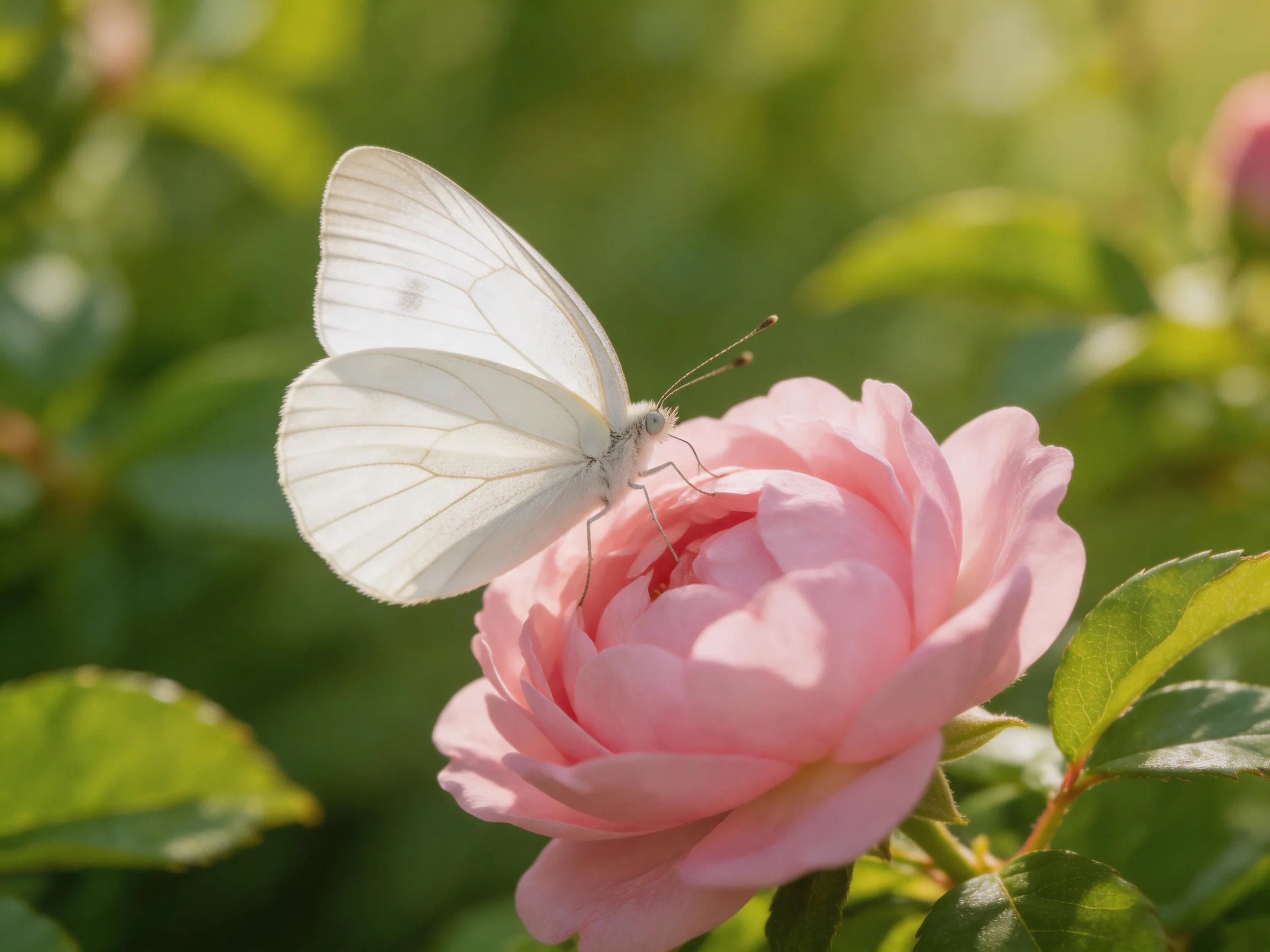 A delicate white butterfly perched on a soft pink rose amid greenery