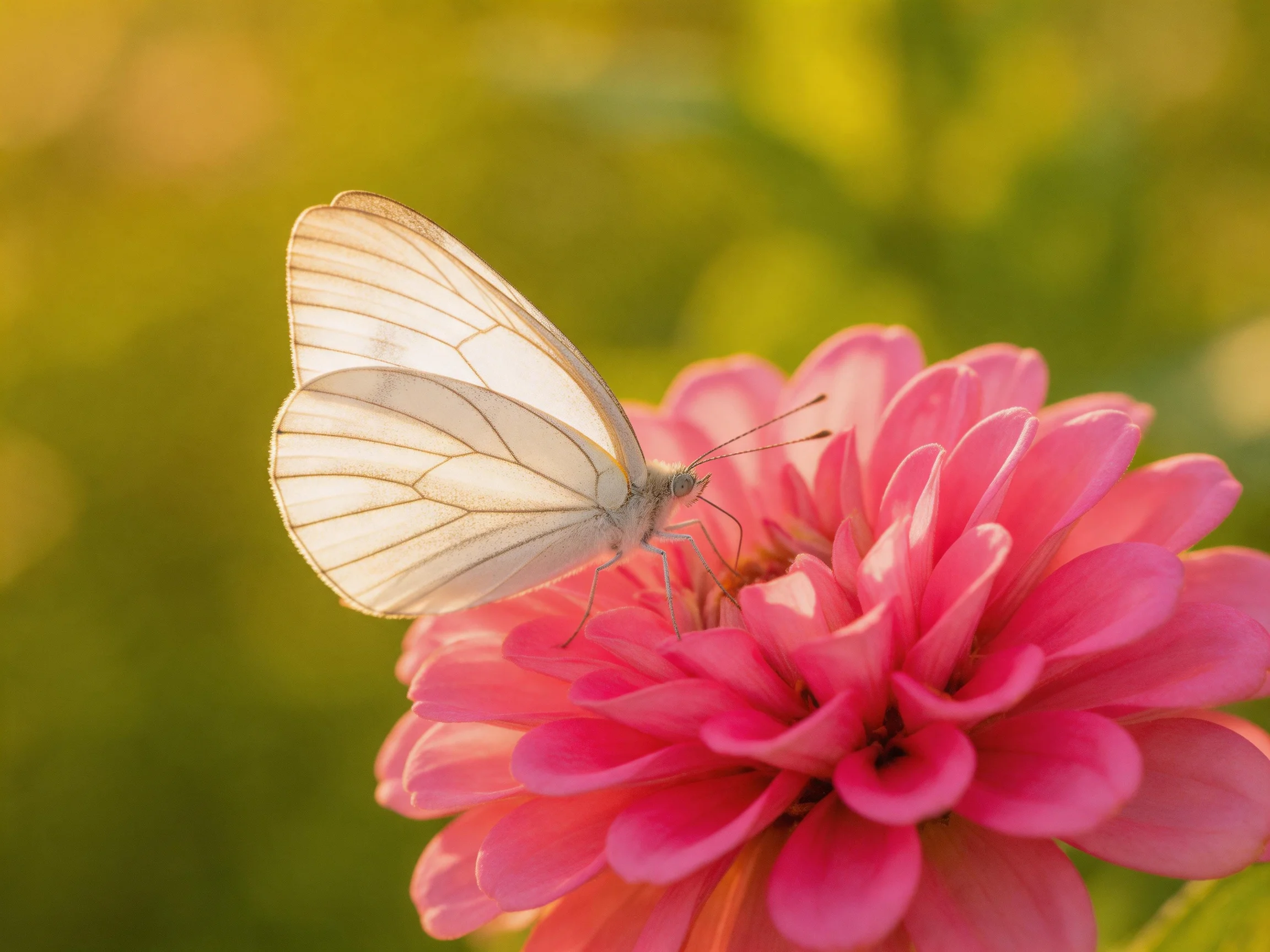 A delicate white butterfly perched on a vibrant pink flower