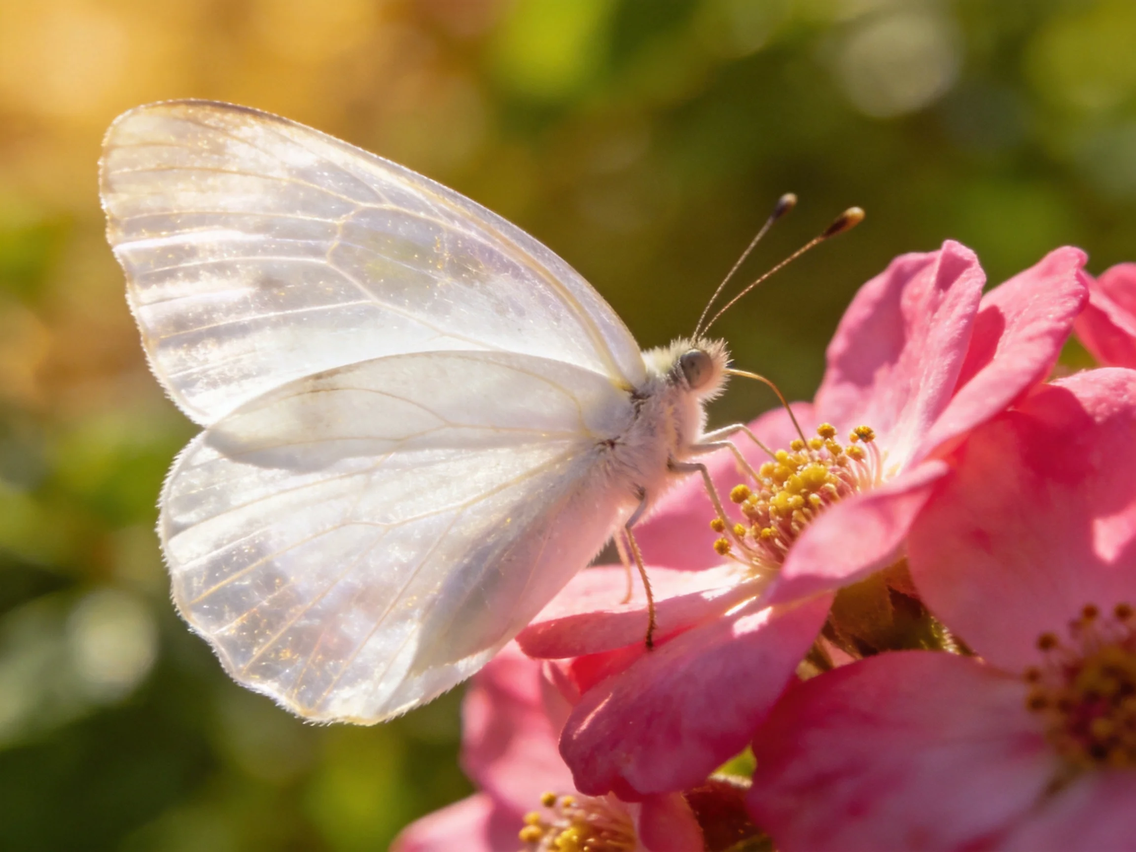 A delicate white butterfly perched on vibrant pink blossoms