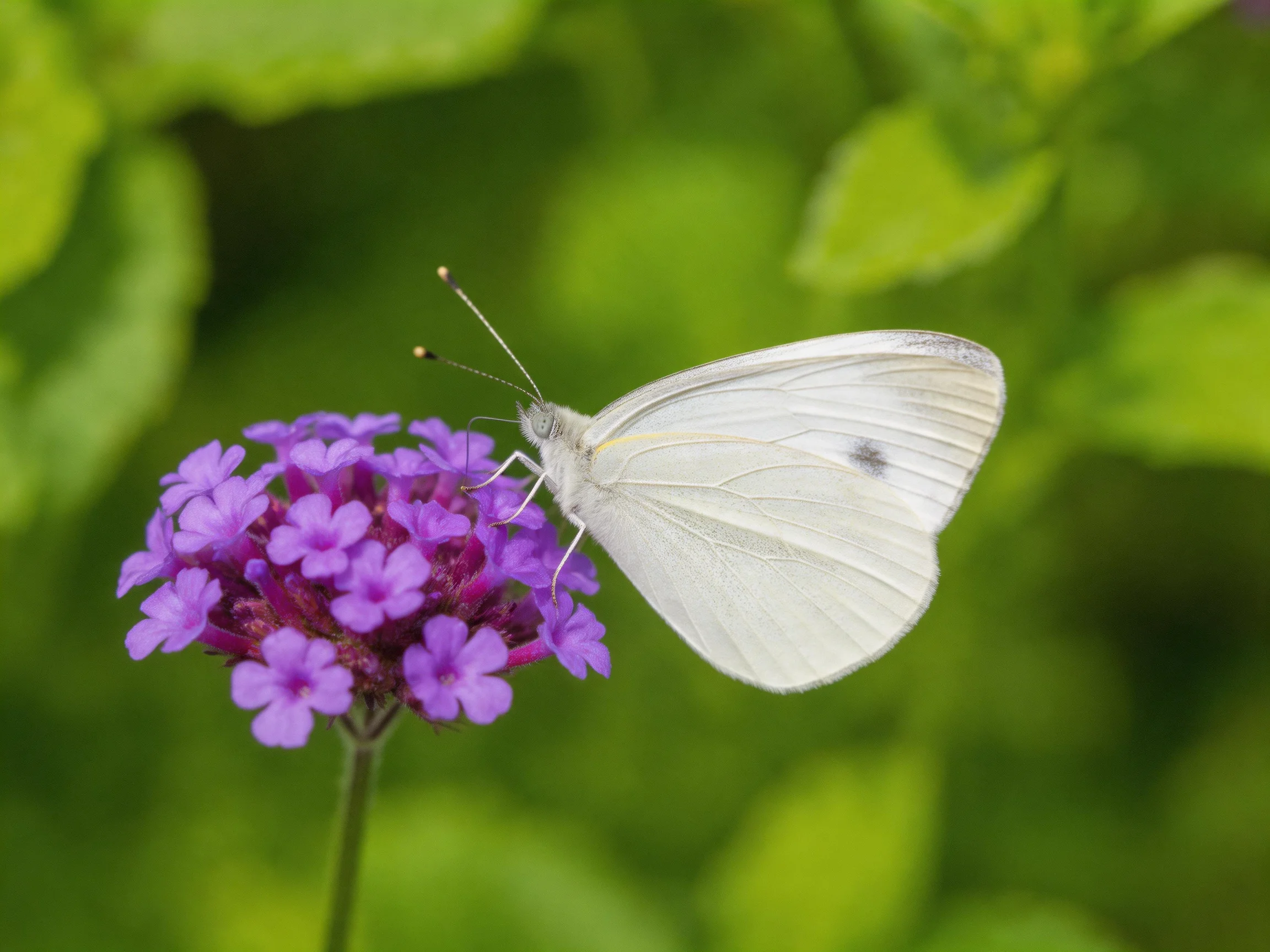 A delicate white butterfly perched on vibrant purple flowers