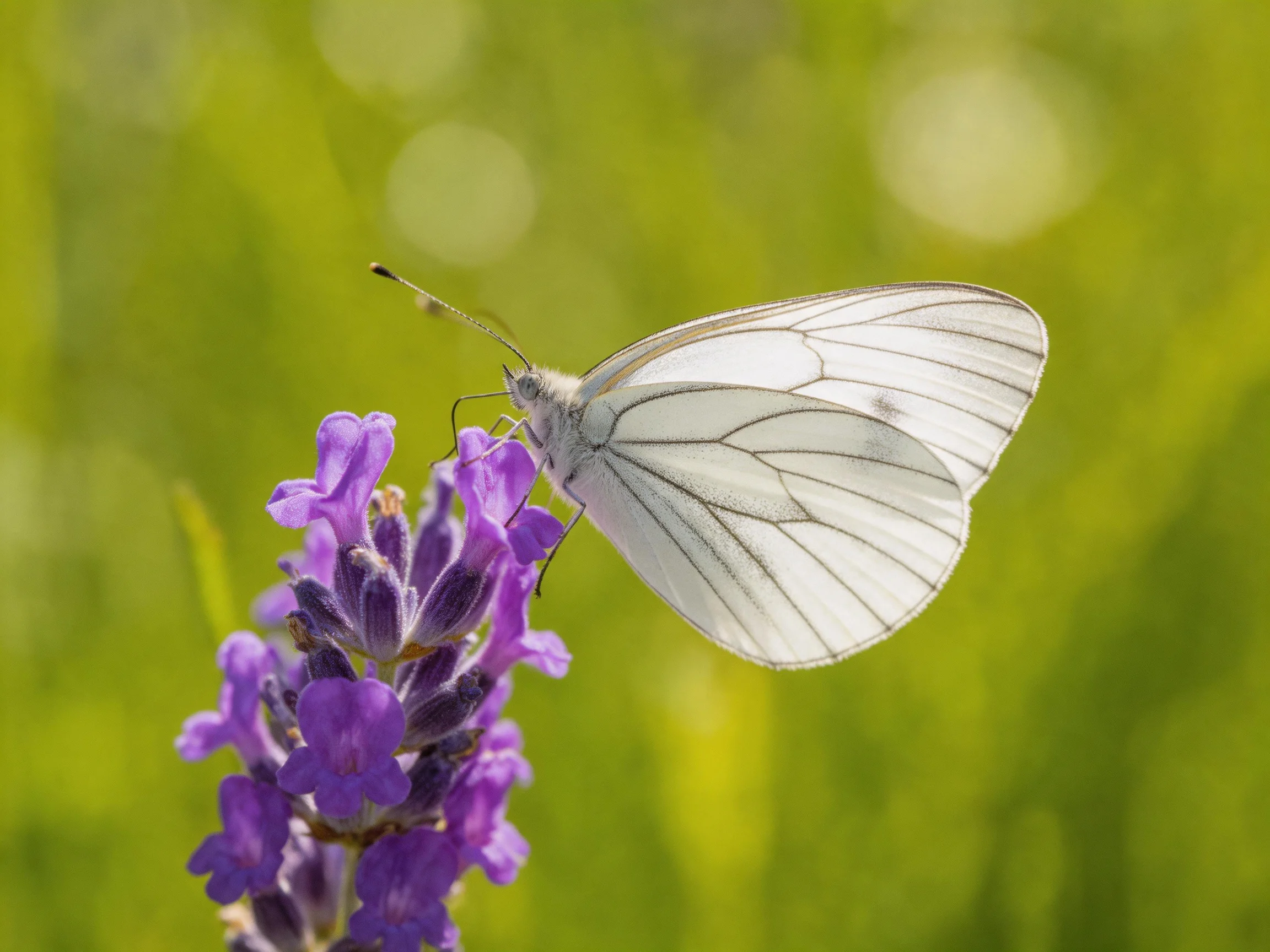 A delicate white butterfly perched on vibrant purple lavender blooms