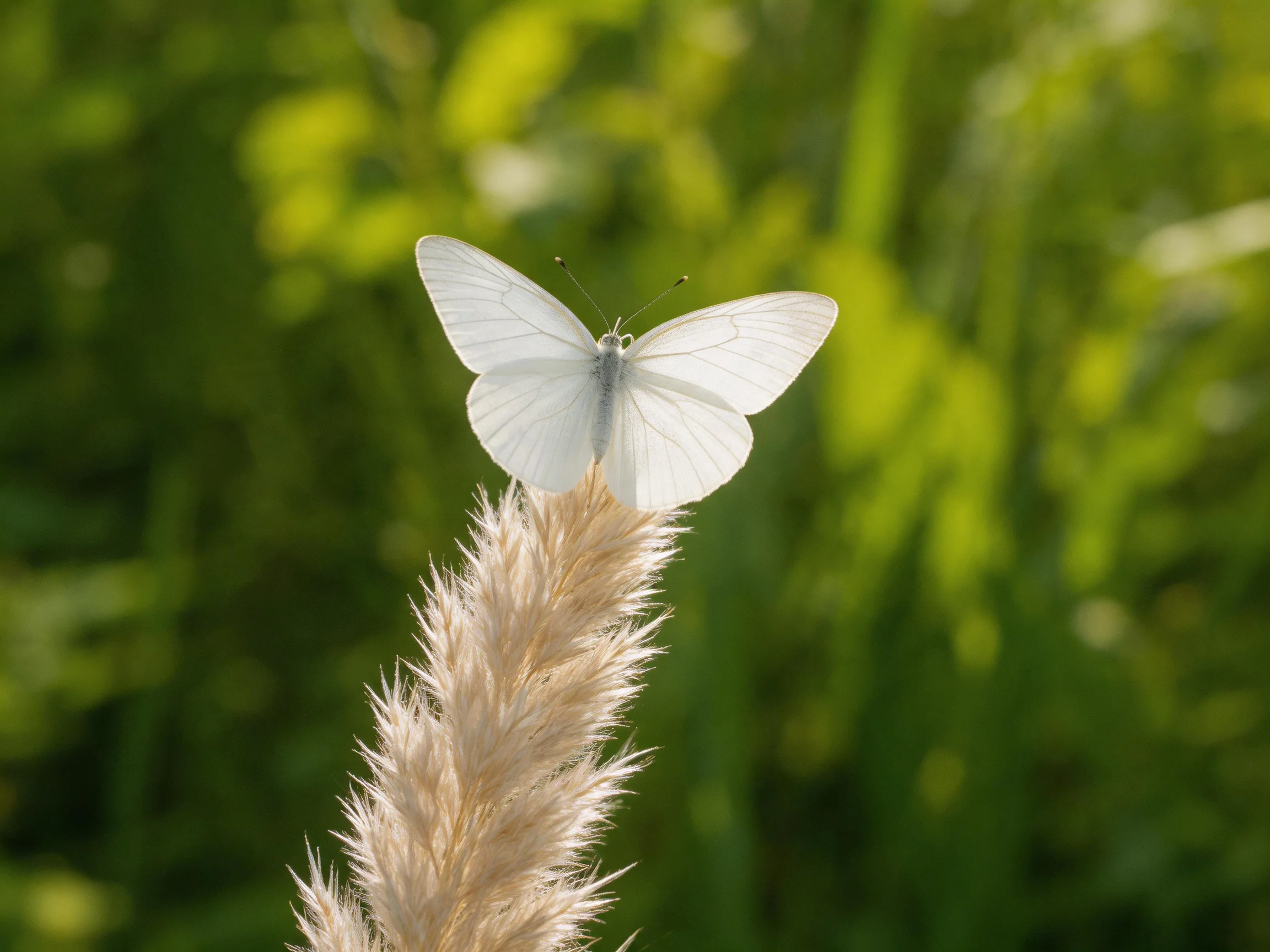 A delicate white butterfly perches on a tall, fuzzy plant