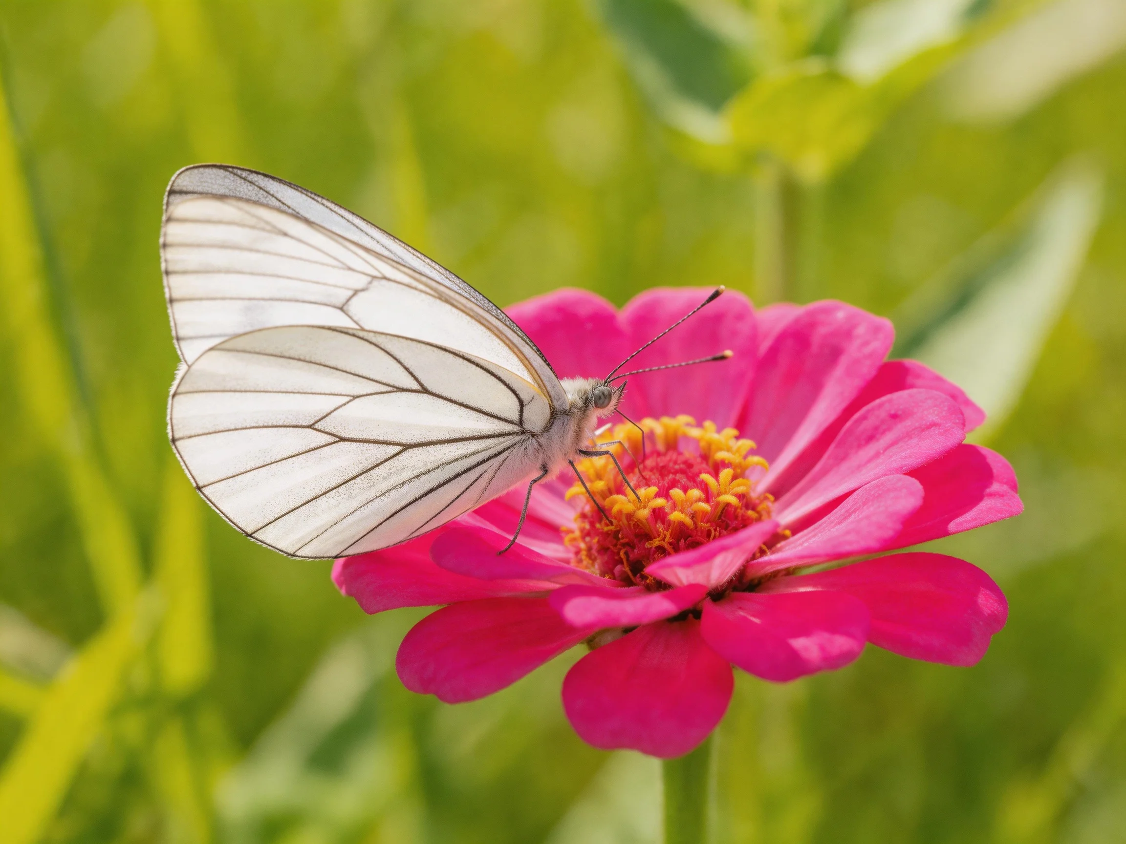 A delicate white butterfly perches on a vibrant pink zinnia flower