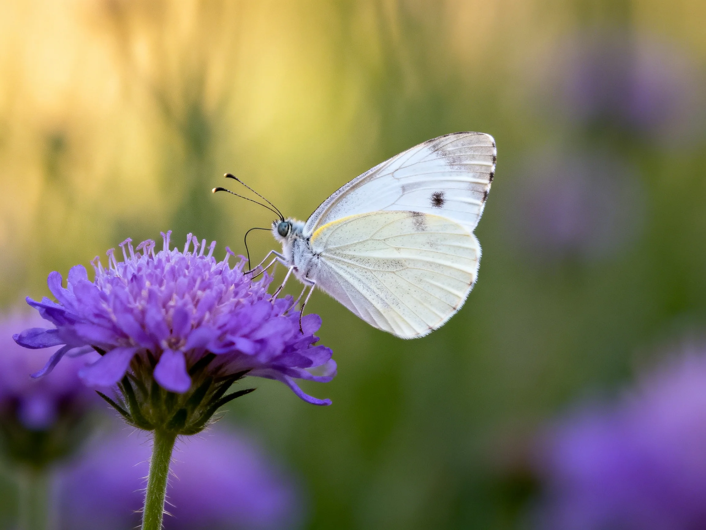 A delicate white butterfly perches on a vibrant purple flower