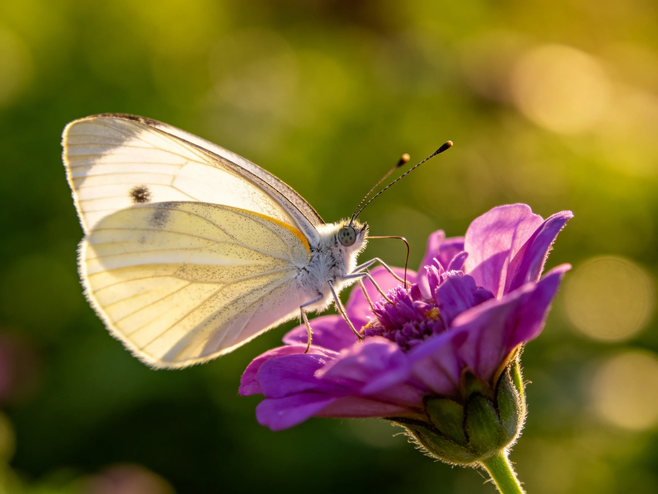 A delicate white butterfly perches on a vibrant purple flower with soft green bokeh
