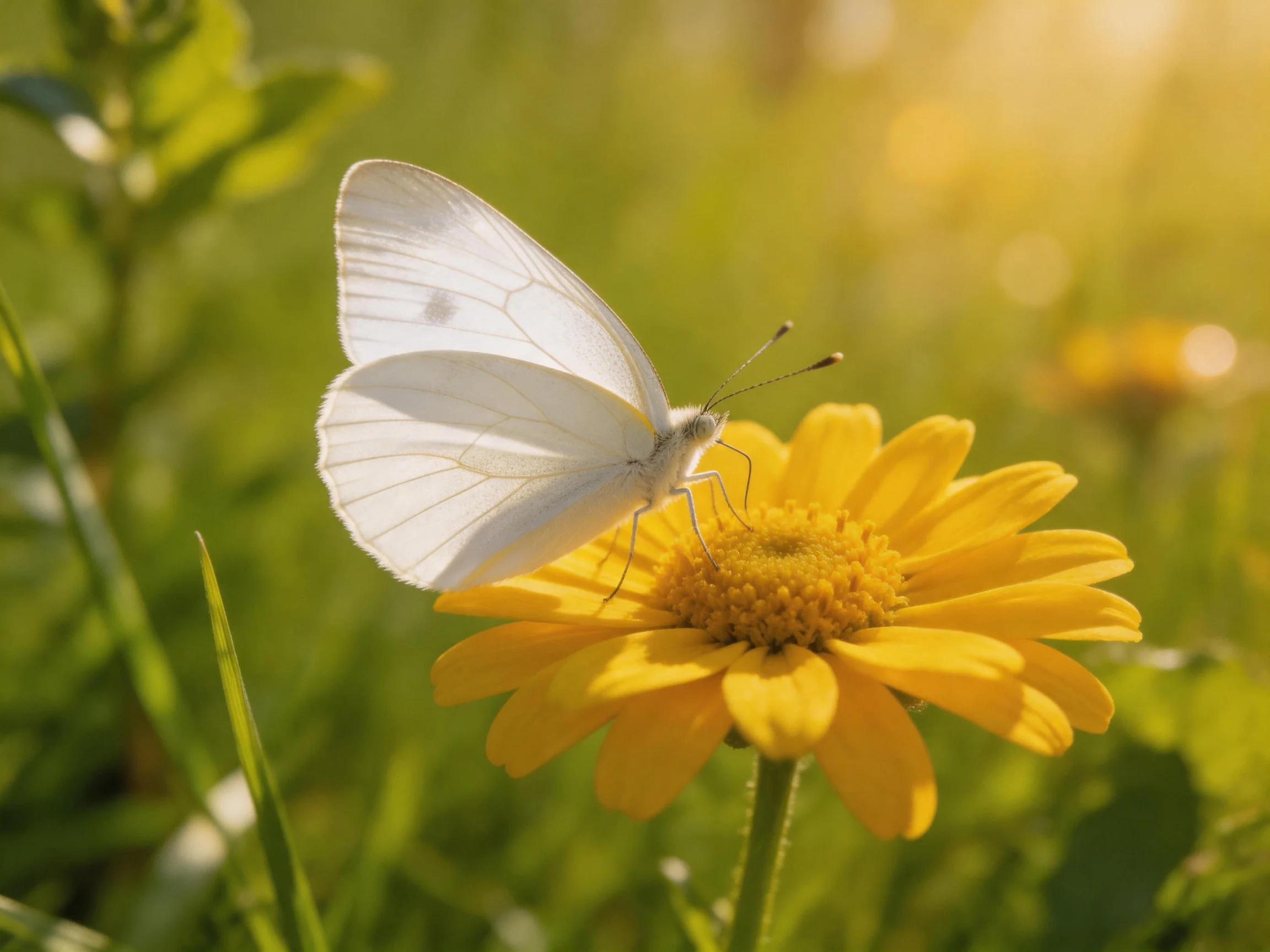 A delicate white butterfly perches on a vibrant yellow flower