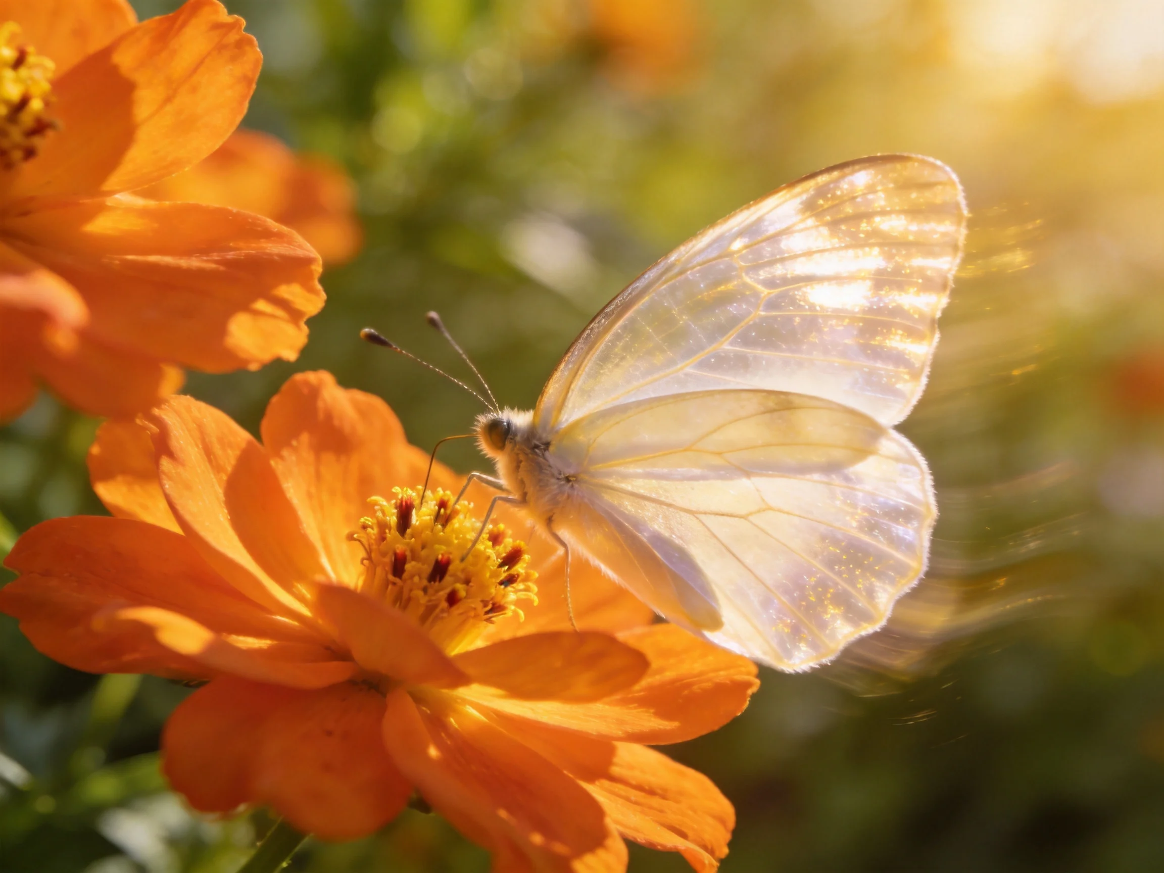 A delicate white butterfly perches on bright orange flowers in golden sunlight