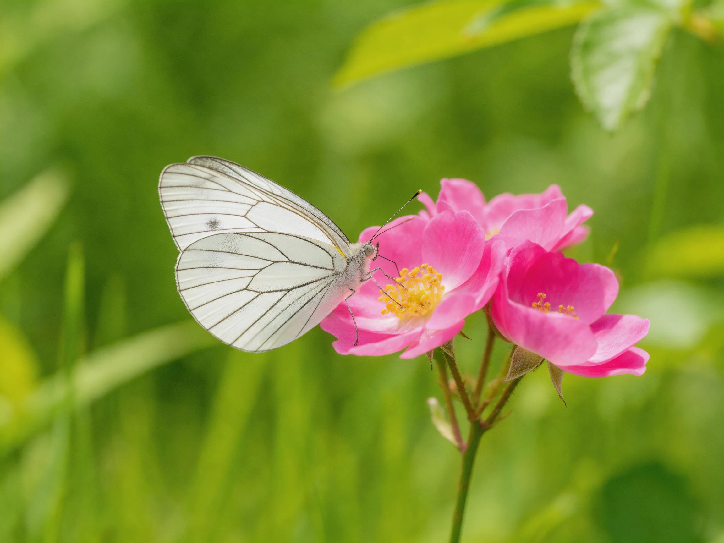 A delicate white butterfly perches on vibrant pink roses