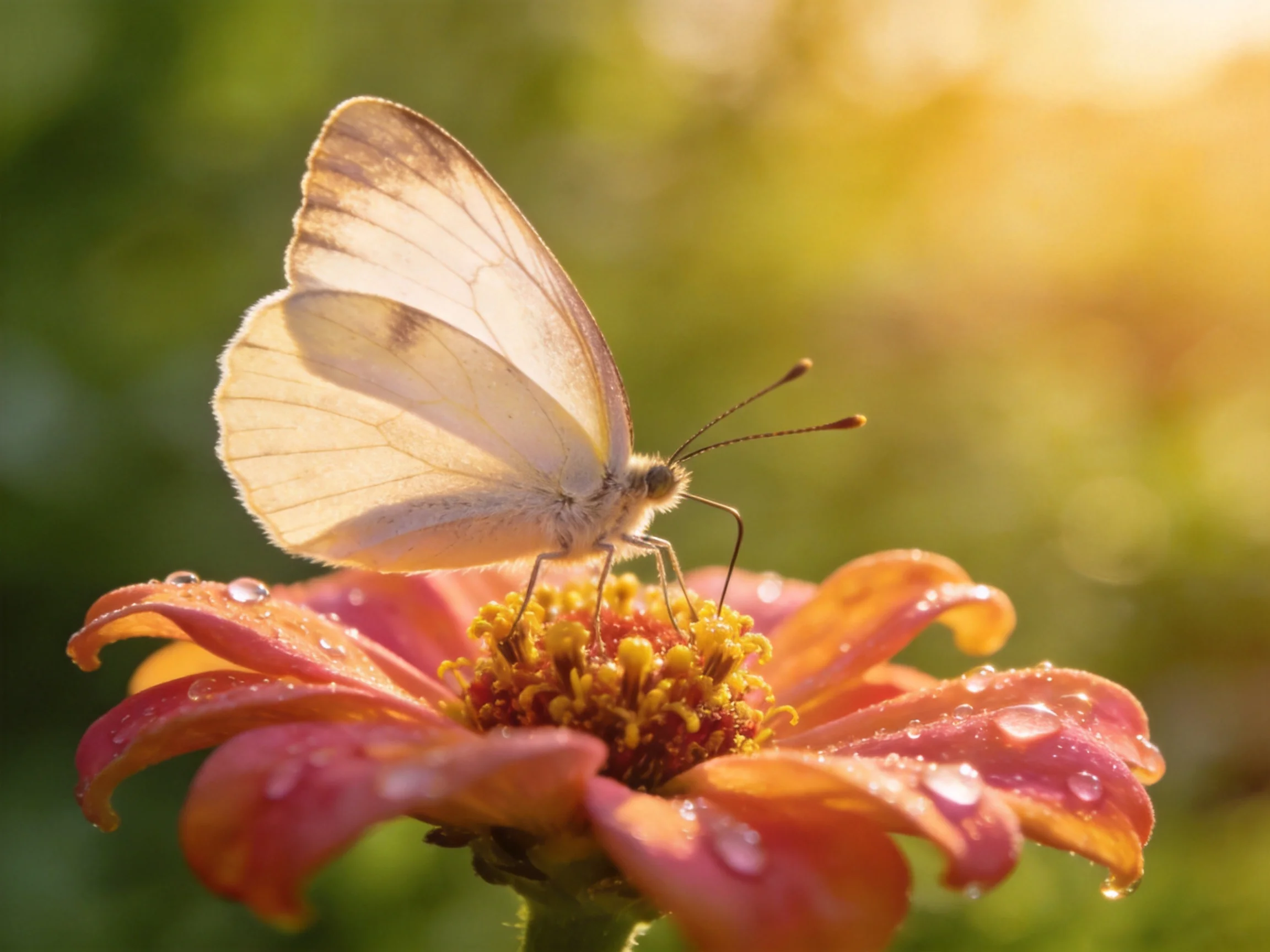 A delicate white butterfly rests on a dew-covered pink-orange flower
