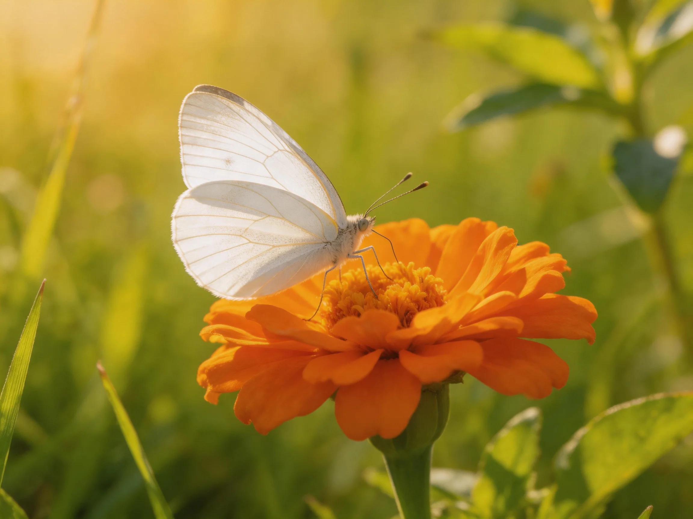 A delicate white butterfly rests on a vibrant orange zinnia amidst lush green foliage