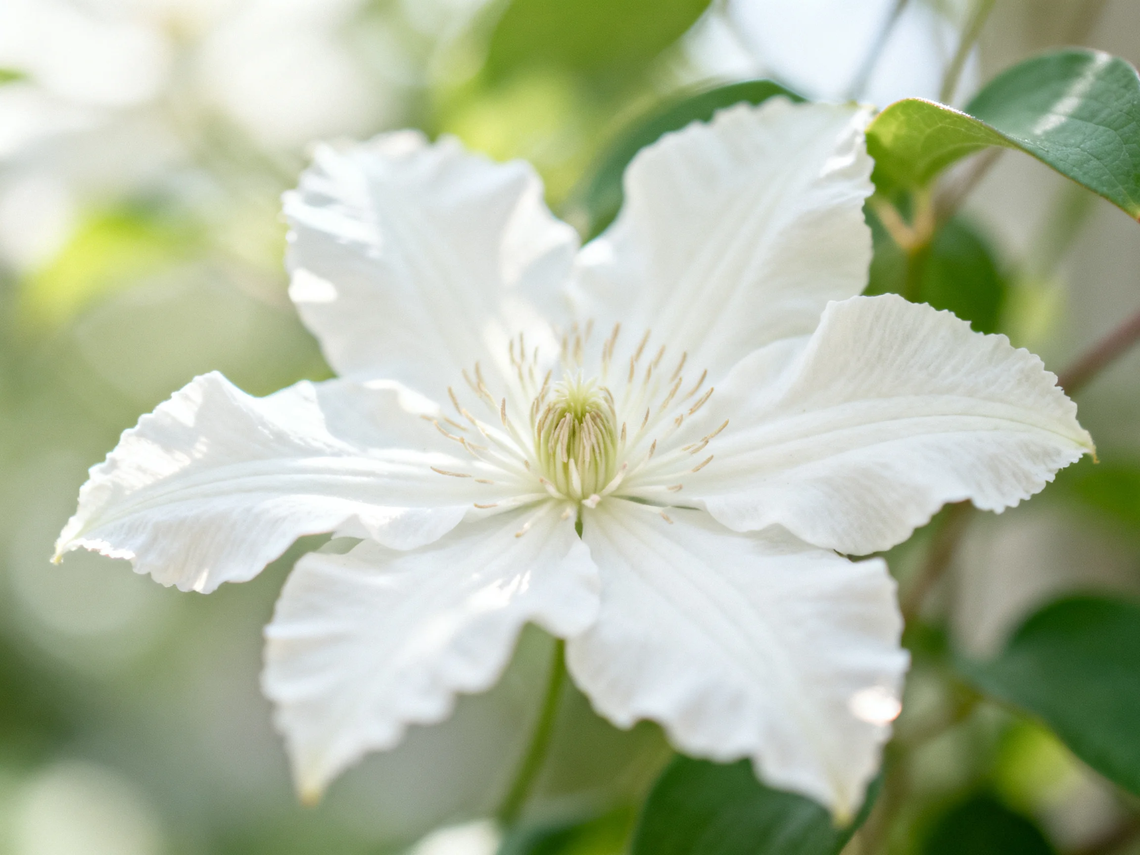 A delicate white clematis flower with ruffled petals and a central stamen