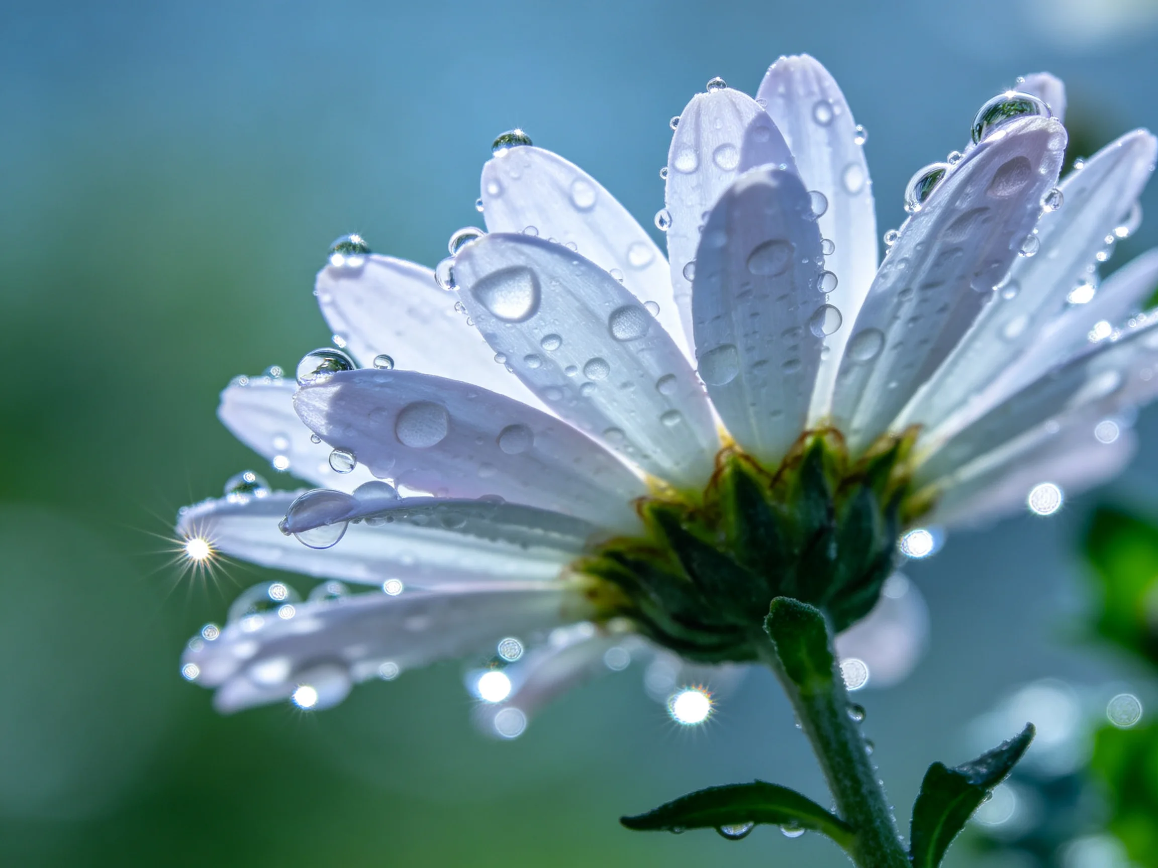 A delicate white daisy covered in glistening water droplets with a soft blue-green backdrop