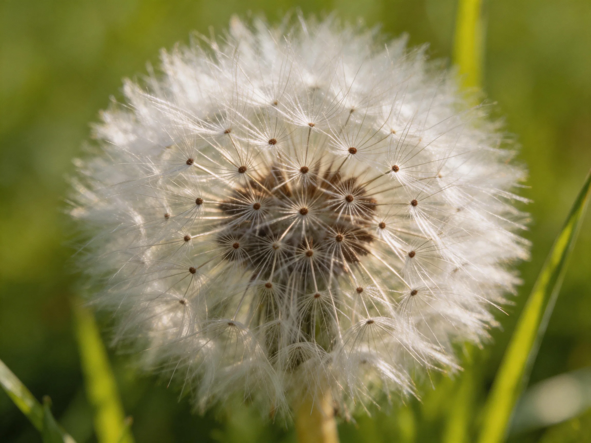 A delicate white dandelion seed head amid green vegetation