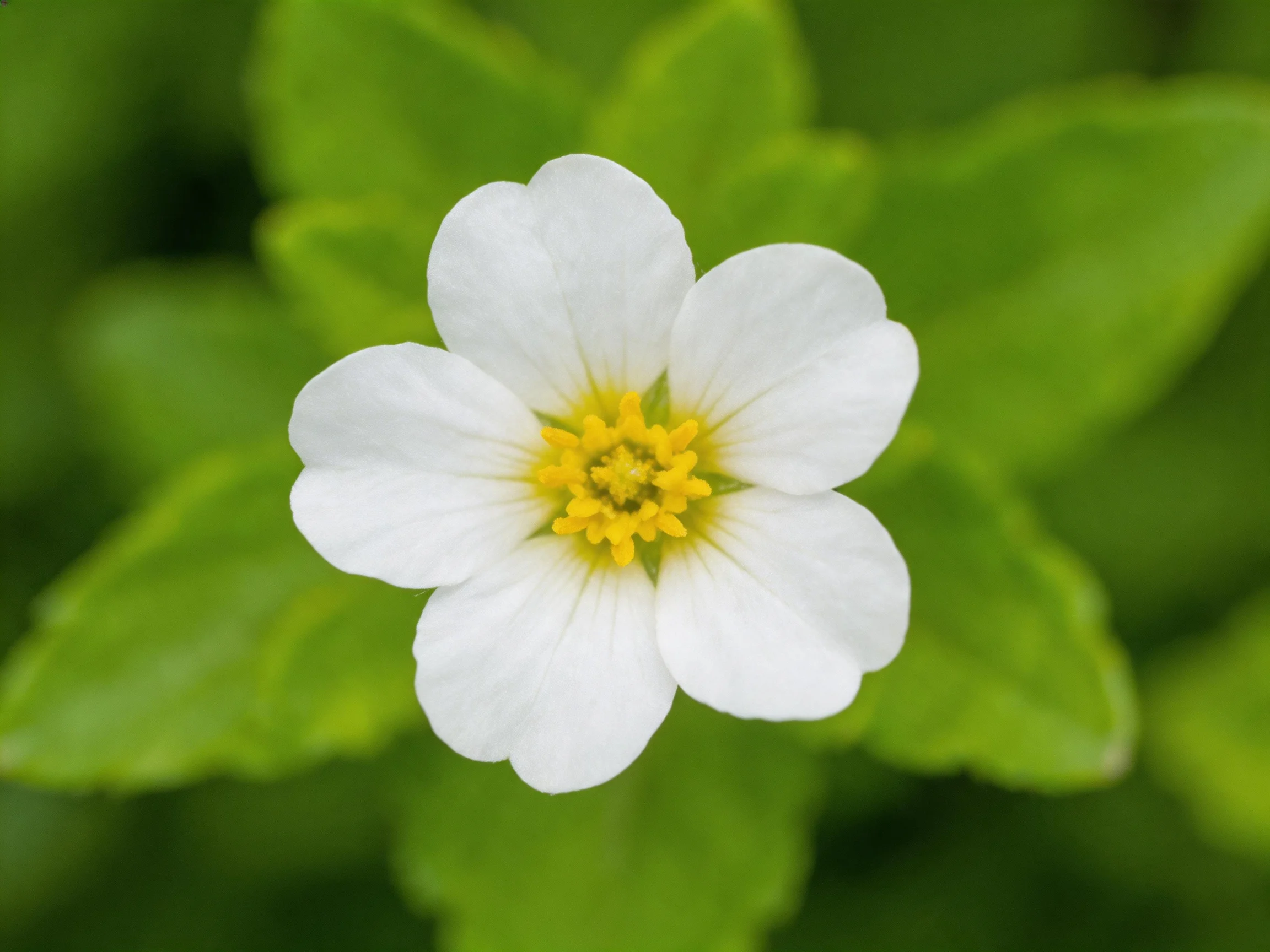 A delicate white five-petaled flower with a bright yellow center among lush green foliage