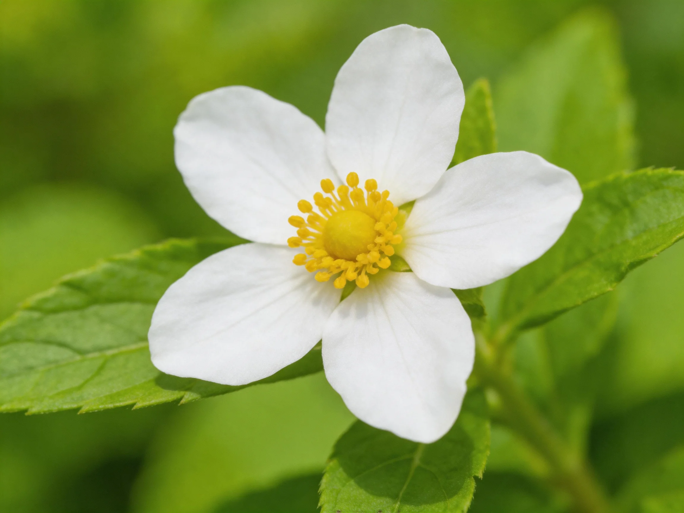 A delicate white five-petaled flower with a bright yellow center