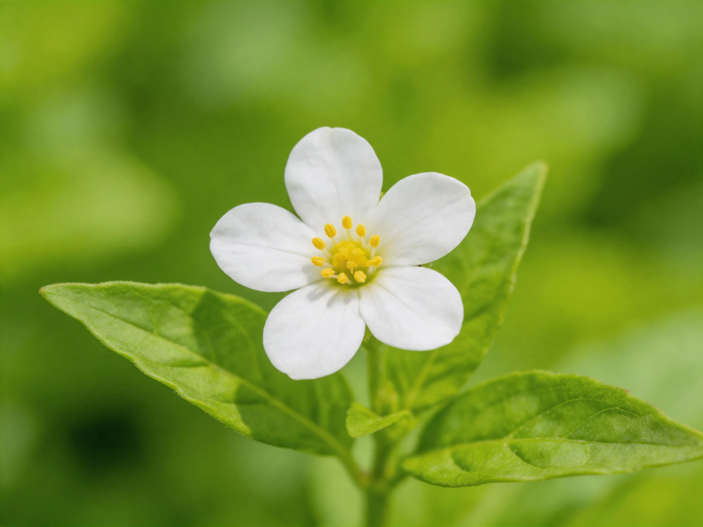 A delicate white five-petaled flower with yellow center and green foliage